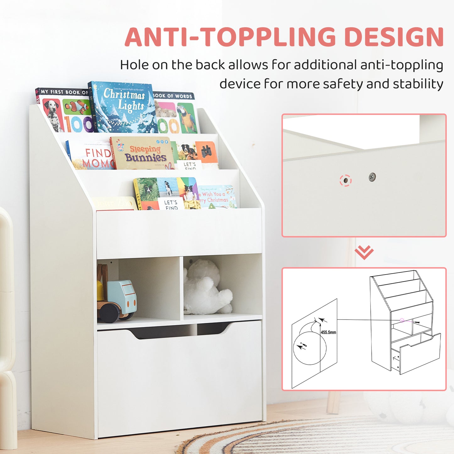 Kids Bookshelf, Toy Organiser, with Storage Drawer, Wheels