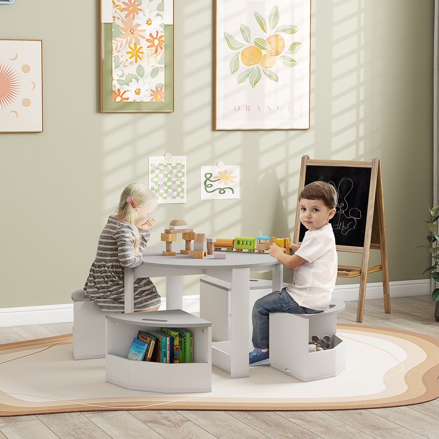 Five-Piece Kids Table and Chairs Set with Storage, for Ages 3-8 Years