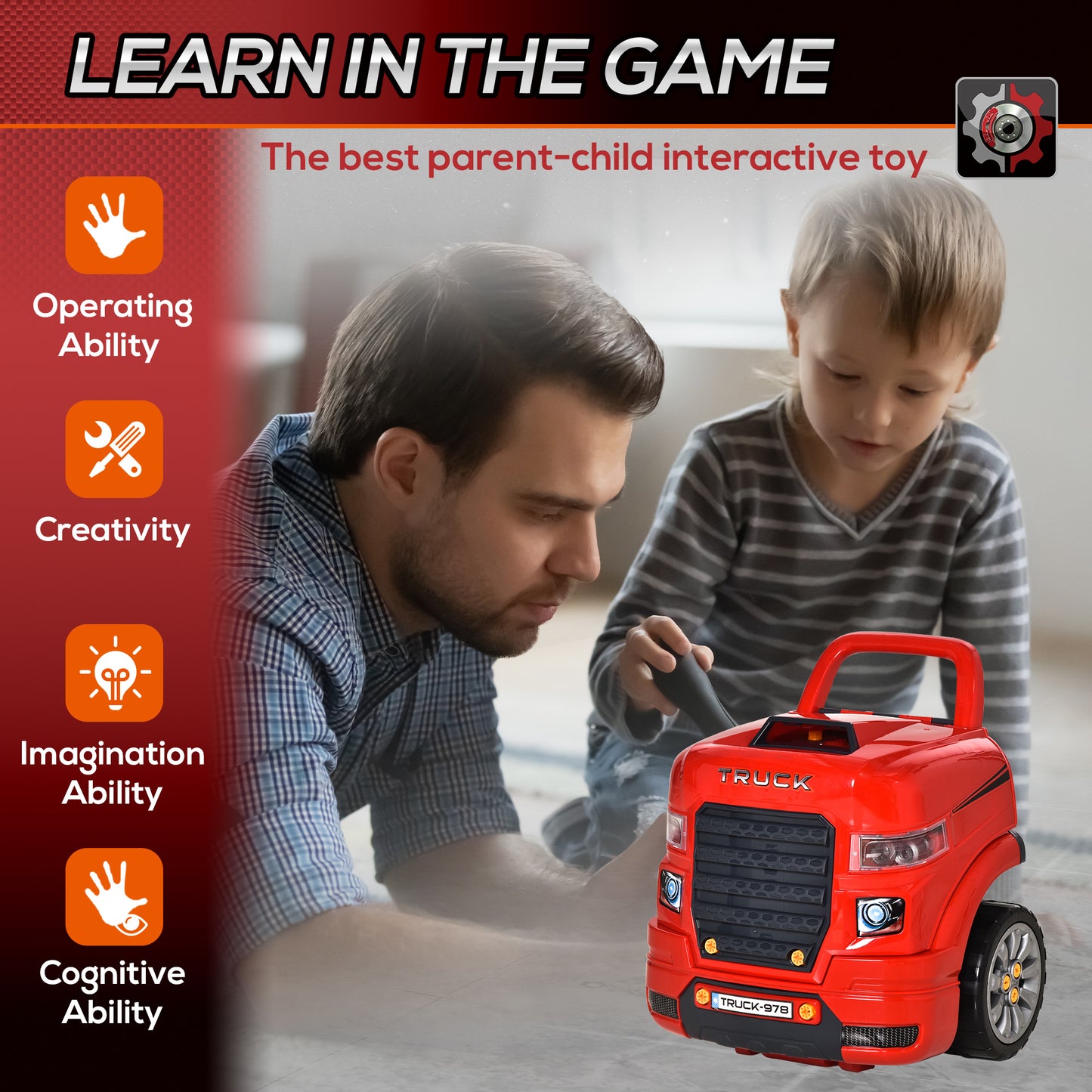 Kids Truck Engine Toy Set, Toddler Educational Car Service Station