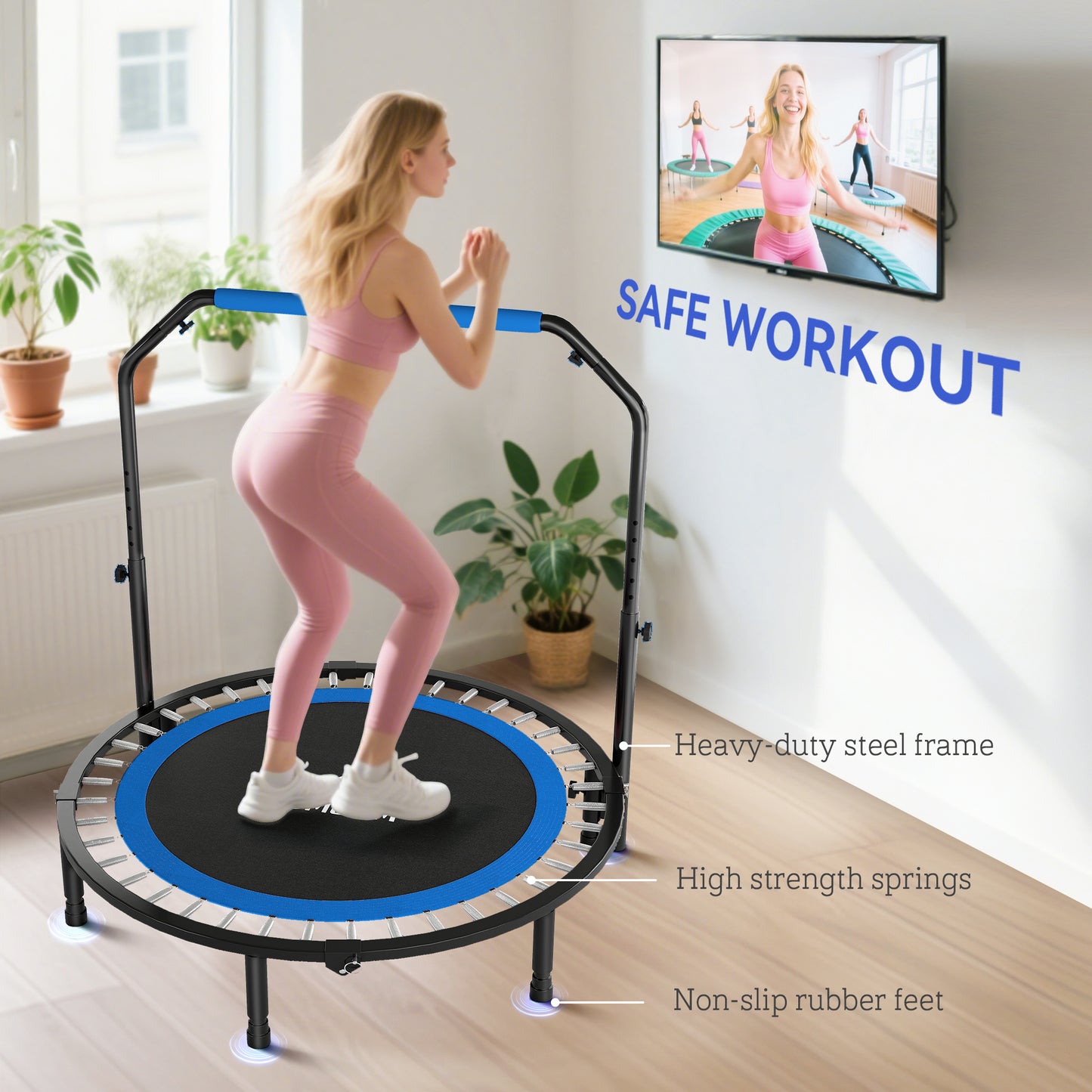 48" Foldable Mini Fitness Trampoline, with Adjustable Foam Handle