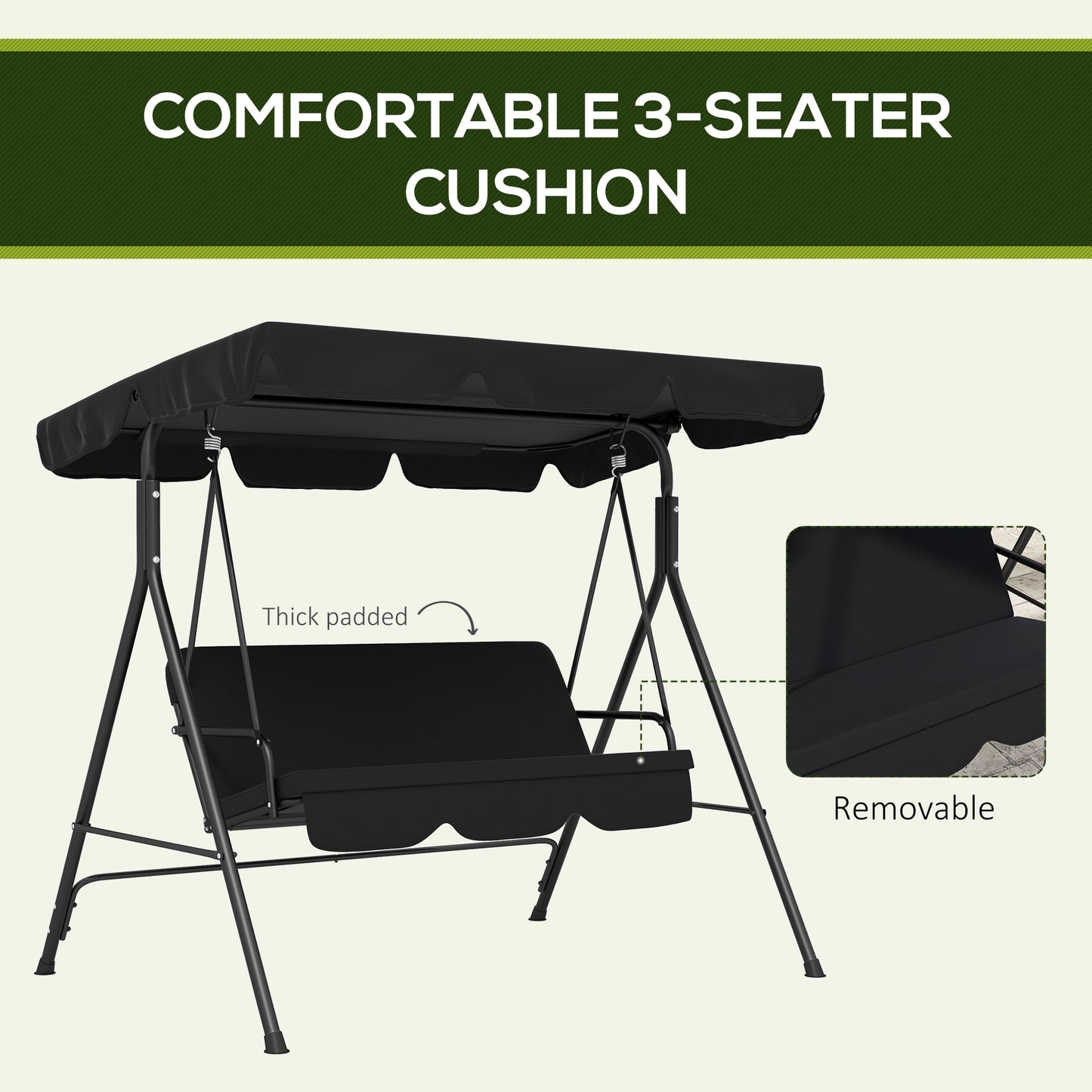 Three-Seater Garden Swing Chair, with Adjustable Canopy