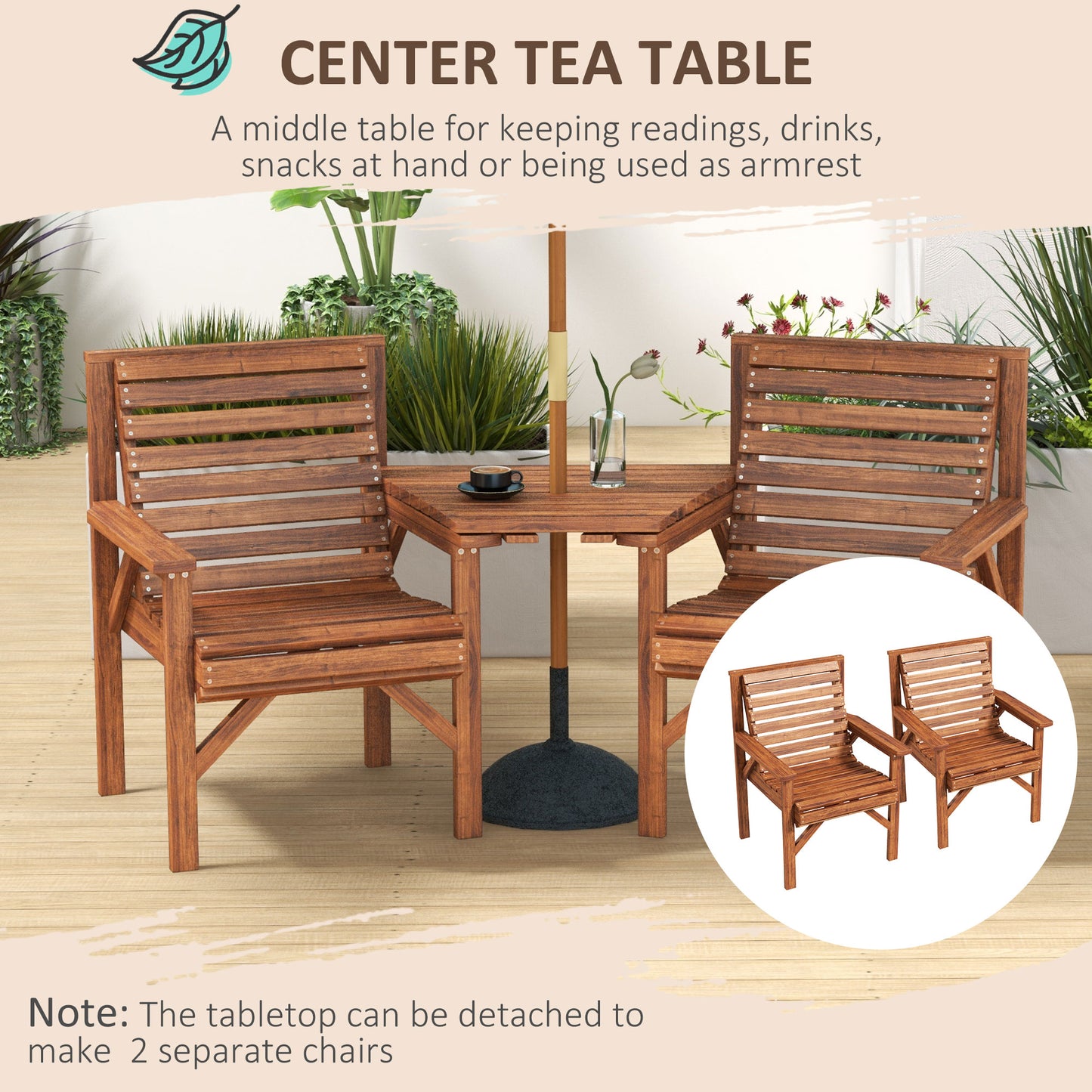 Wooden Garden Love Seat w/ Coffee Table Umbrella Hole, Tan