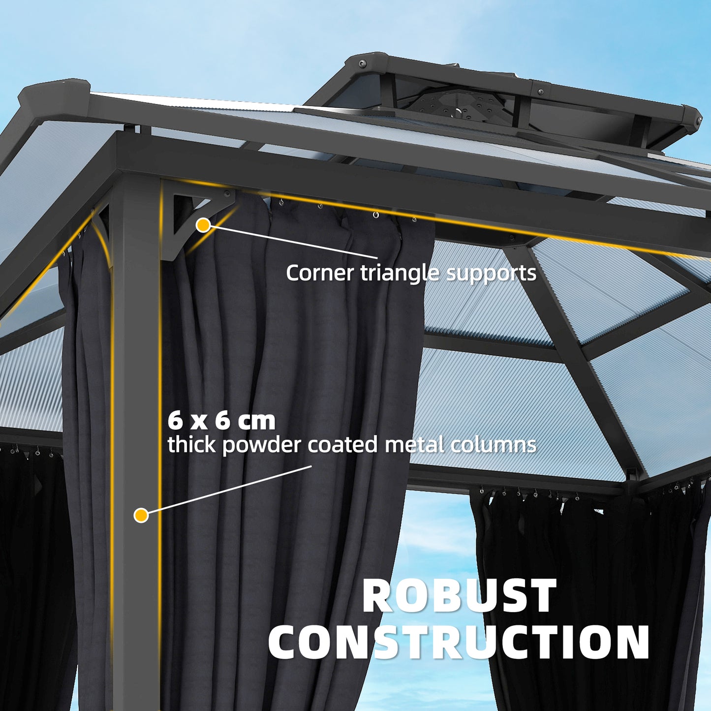 2.5 x 2.5 m Hardtop Gazebo Canopy with Double PC Roof