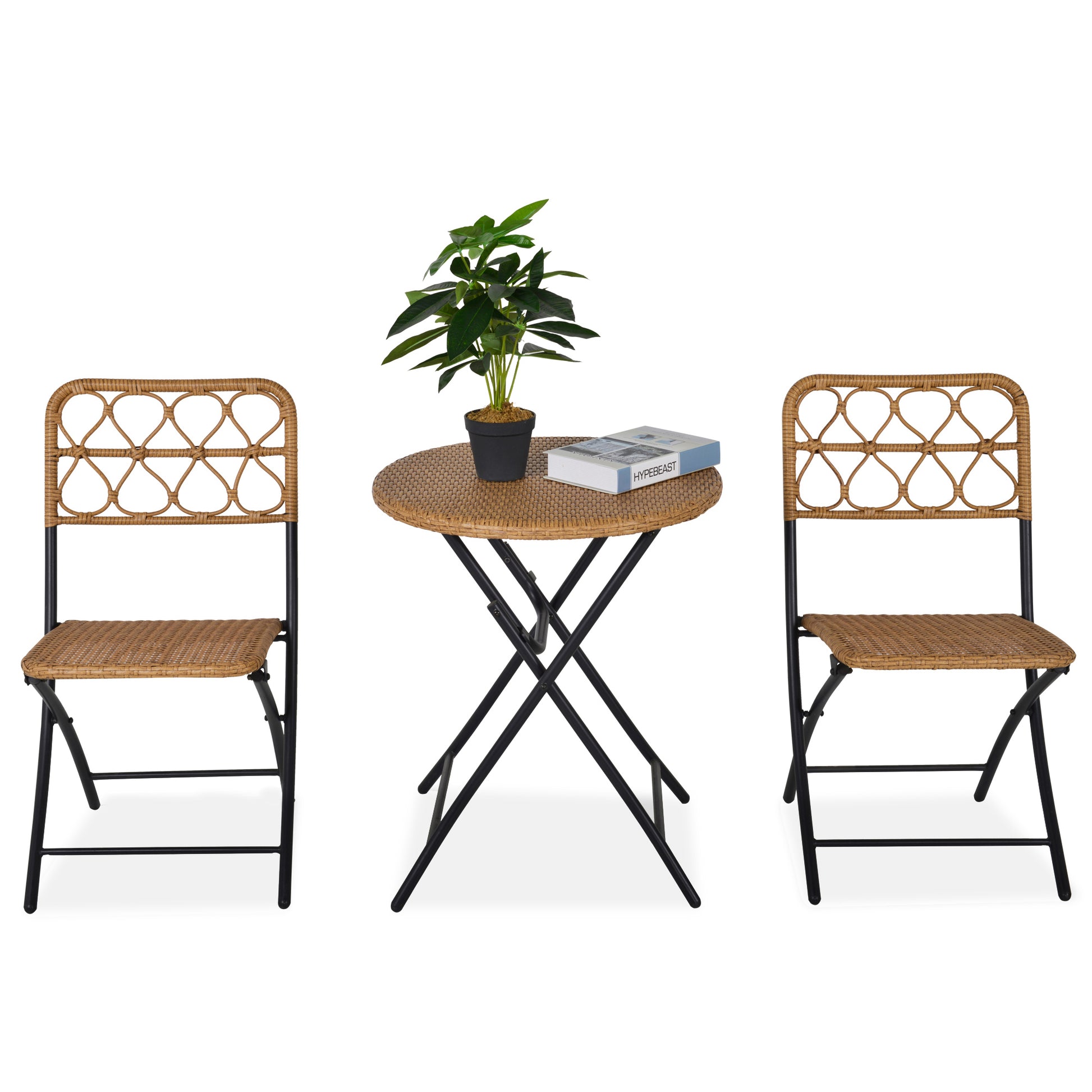 2 Seater Foldable Rattan Wicker Bistro Set, Coffee Table and Chairs