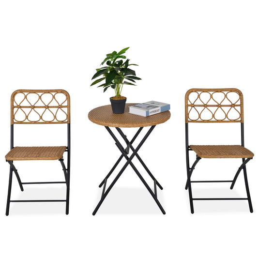 2 Seater Foldable Rattan Wicker Bistro Set, Coffee Table and Chairs