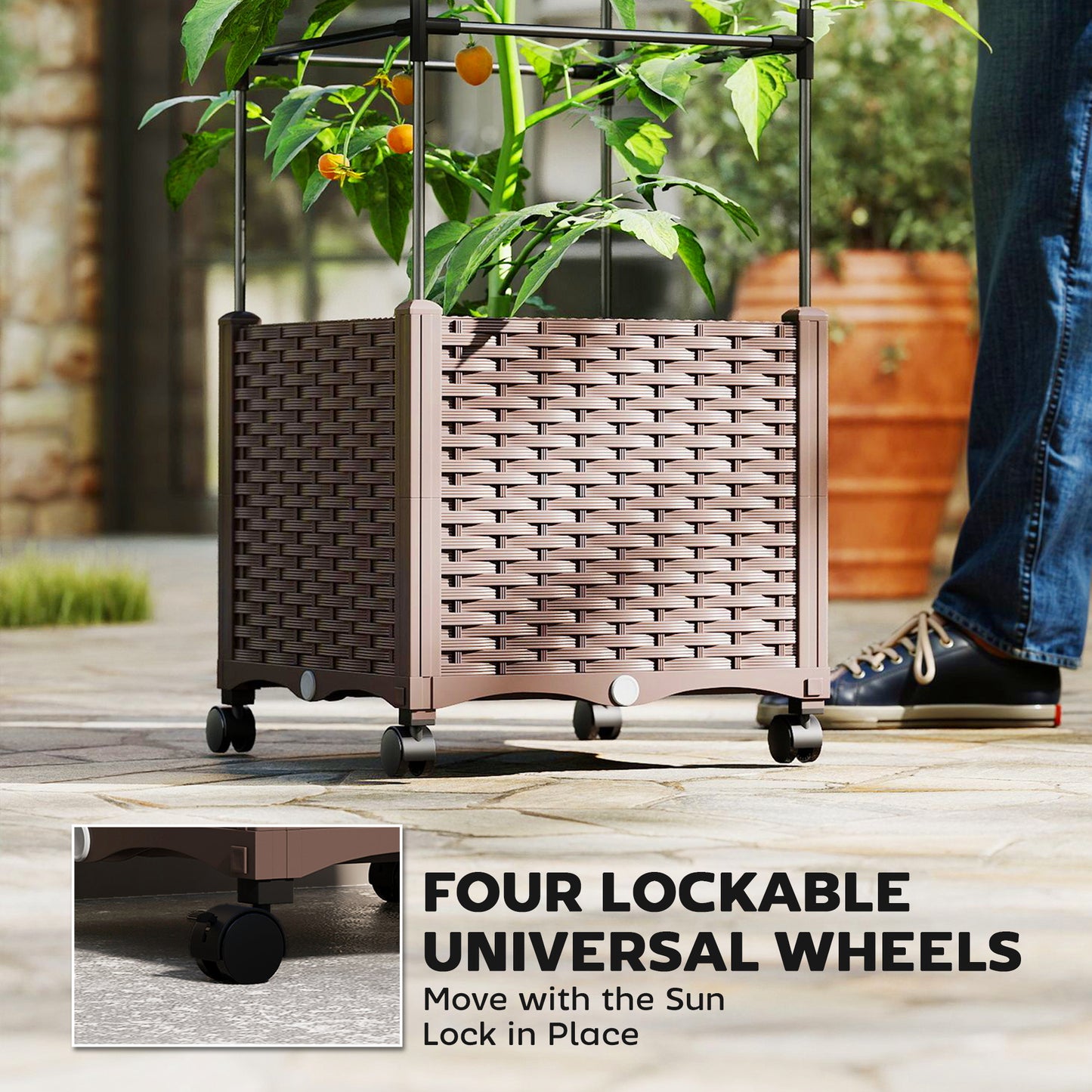Raised Garden Bed with Trellis, Tomato Cage with Lockable Wheels