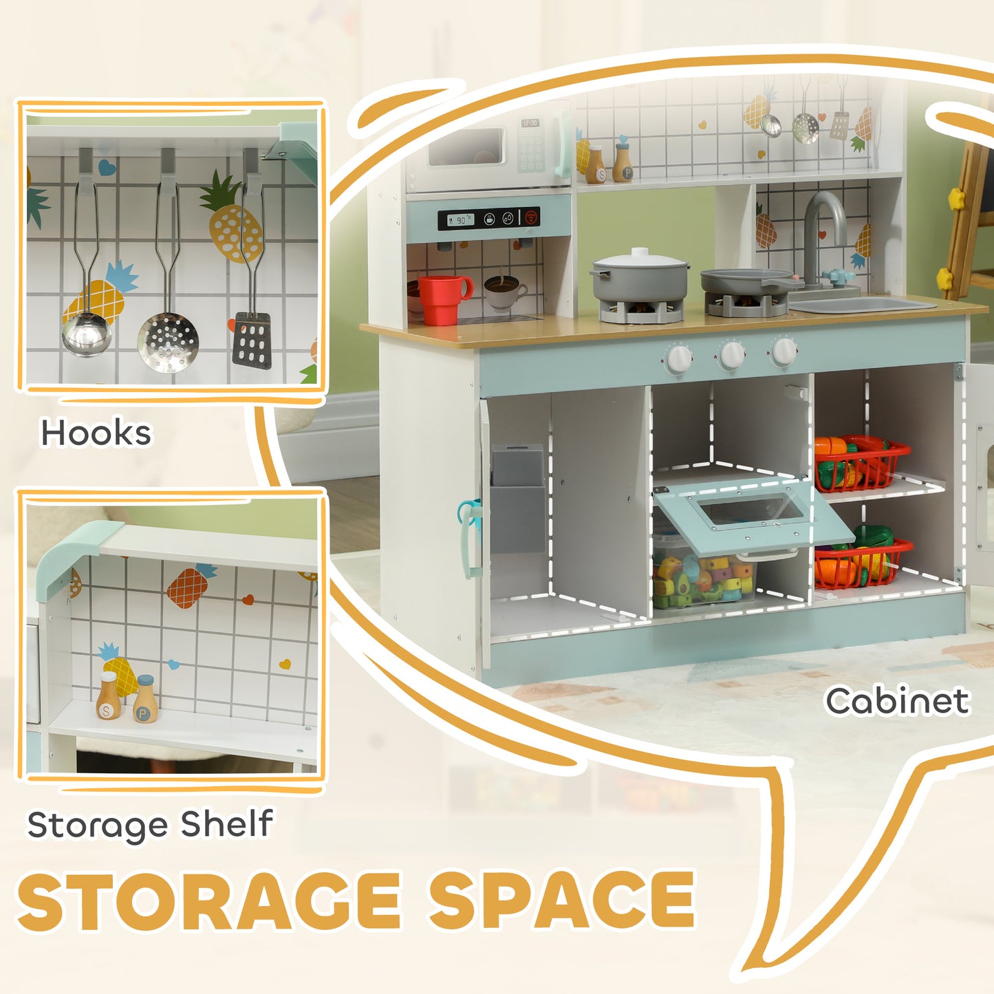 Toy Kitchen, Pretend Role Play Kitchen with Hob, Sound, Light