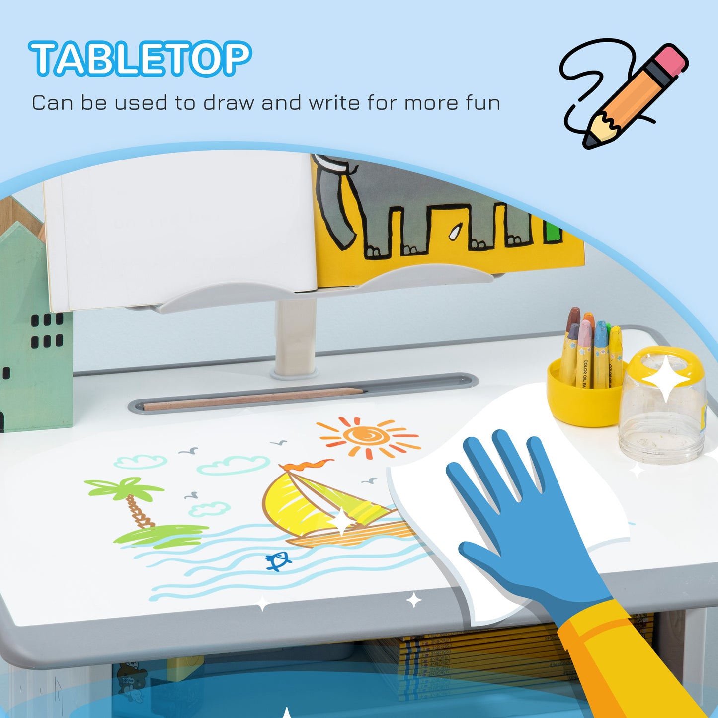 Kids Adjustable Desk and Chair Set, Book Stand, Pen Slot