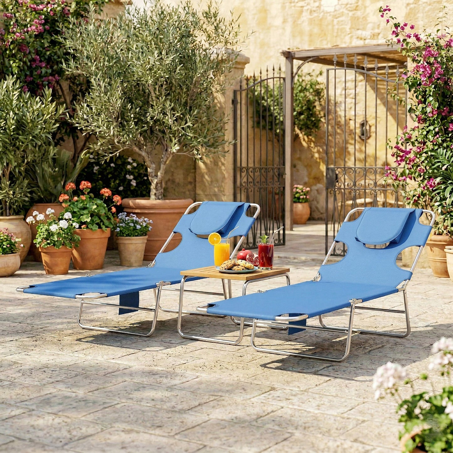 5-Position Adjustable Sun Loungers Set of 2 with Reading Hole