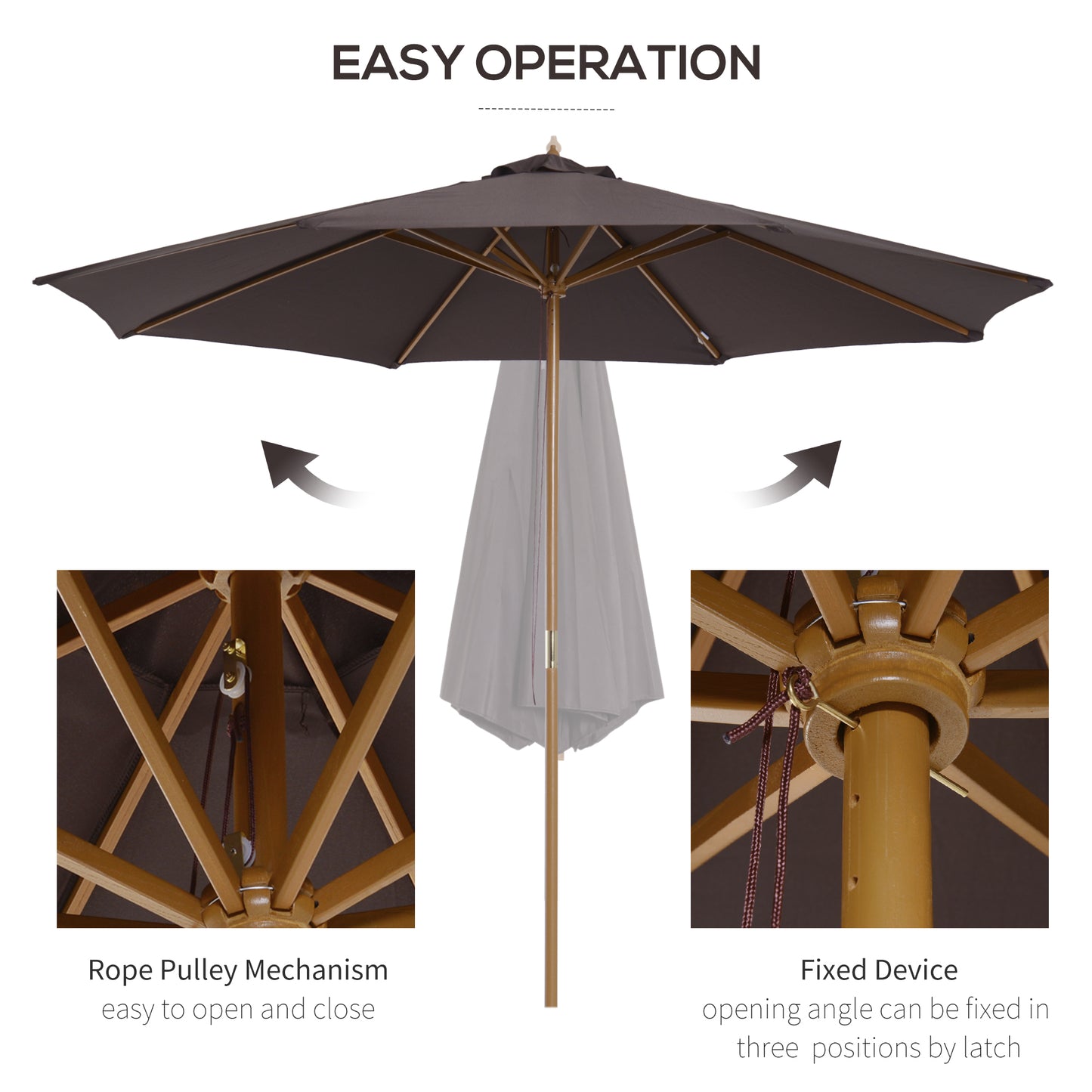 3(m) Garden Parasol, Pulley Operated Patio Umbrella, Wooden Parasol