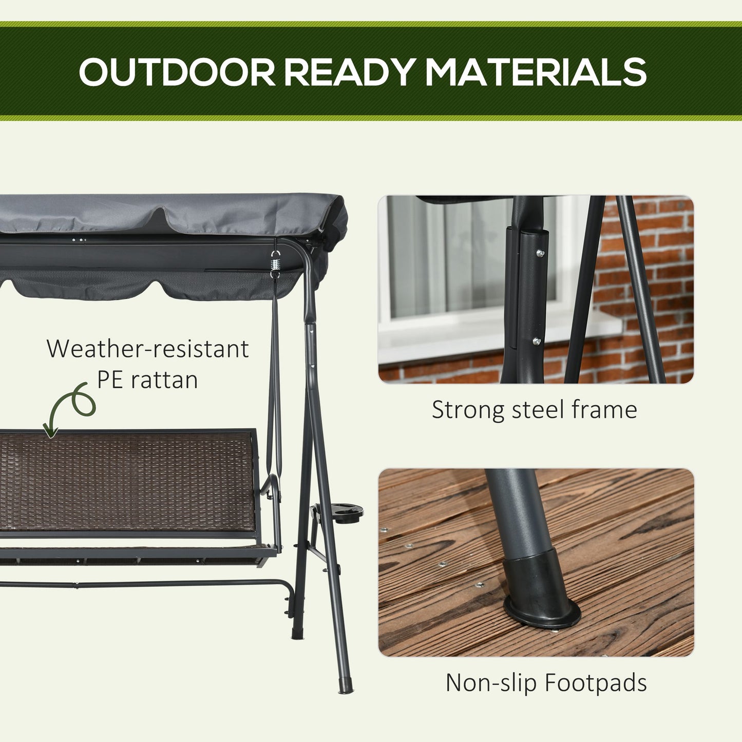 3 Seater Swing Chair, Garden Swing Seat Bench with Adjustable Canopy