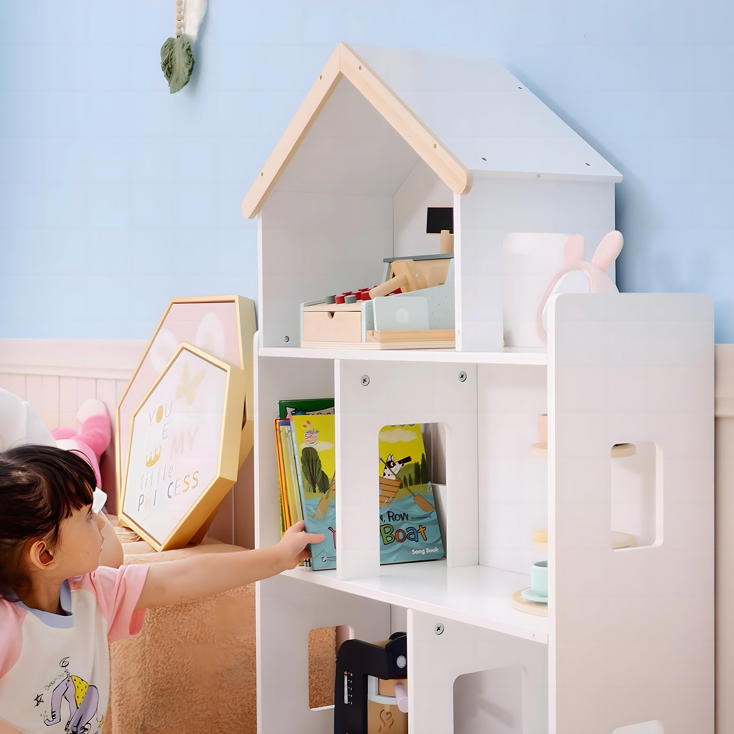 Three-Tier Toy Storage Shelf, Kids Bookcase, with Six Cubes