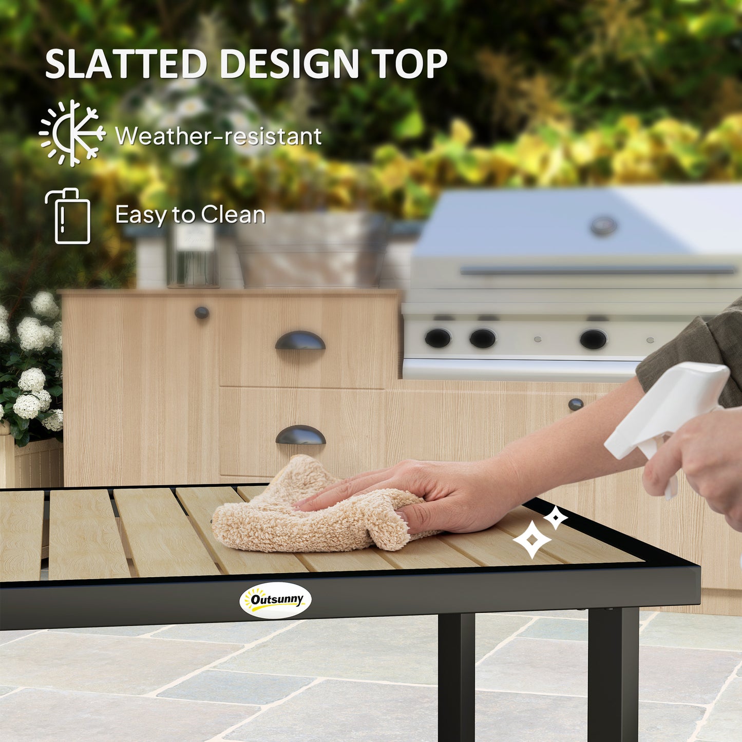 Square Garden Dining Table with 5.4cm Parasol Hole, Slatted Top