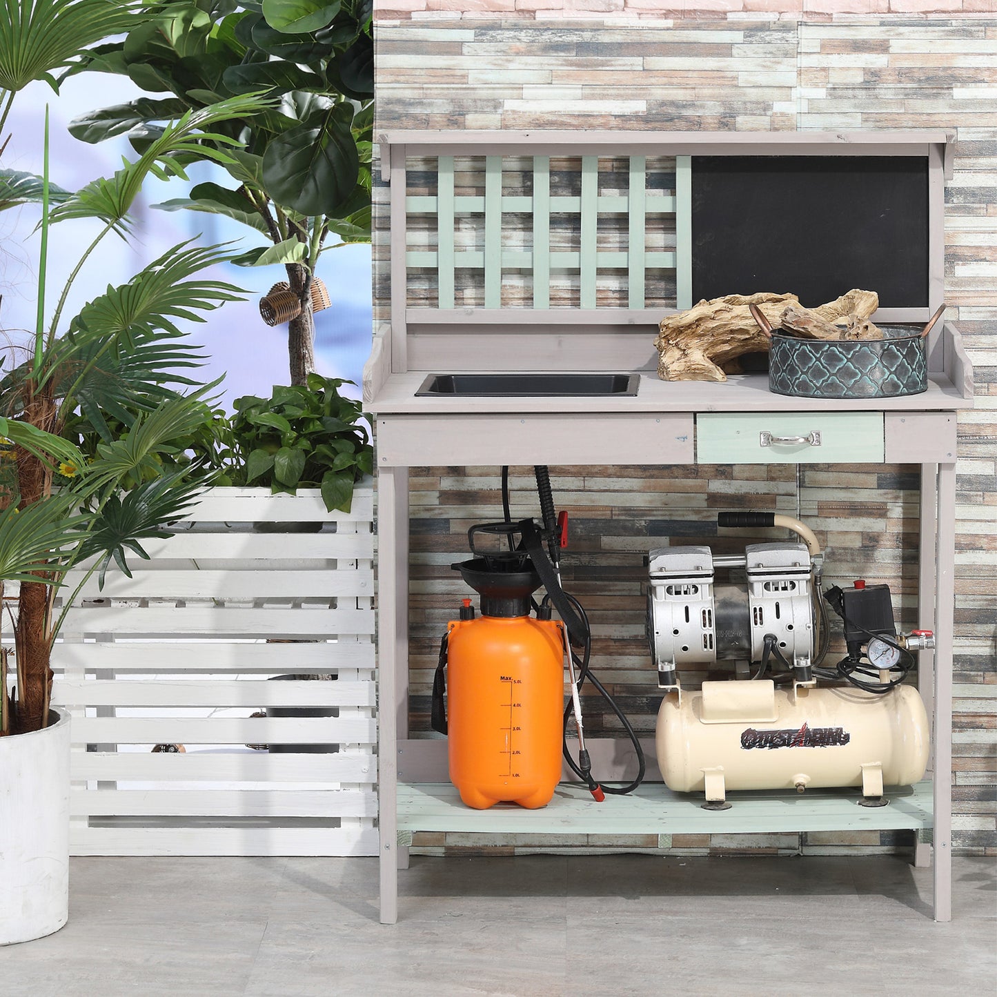 Garden Potting Table with Sink, Blackboard and Drawer