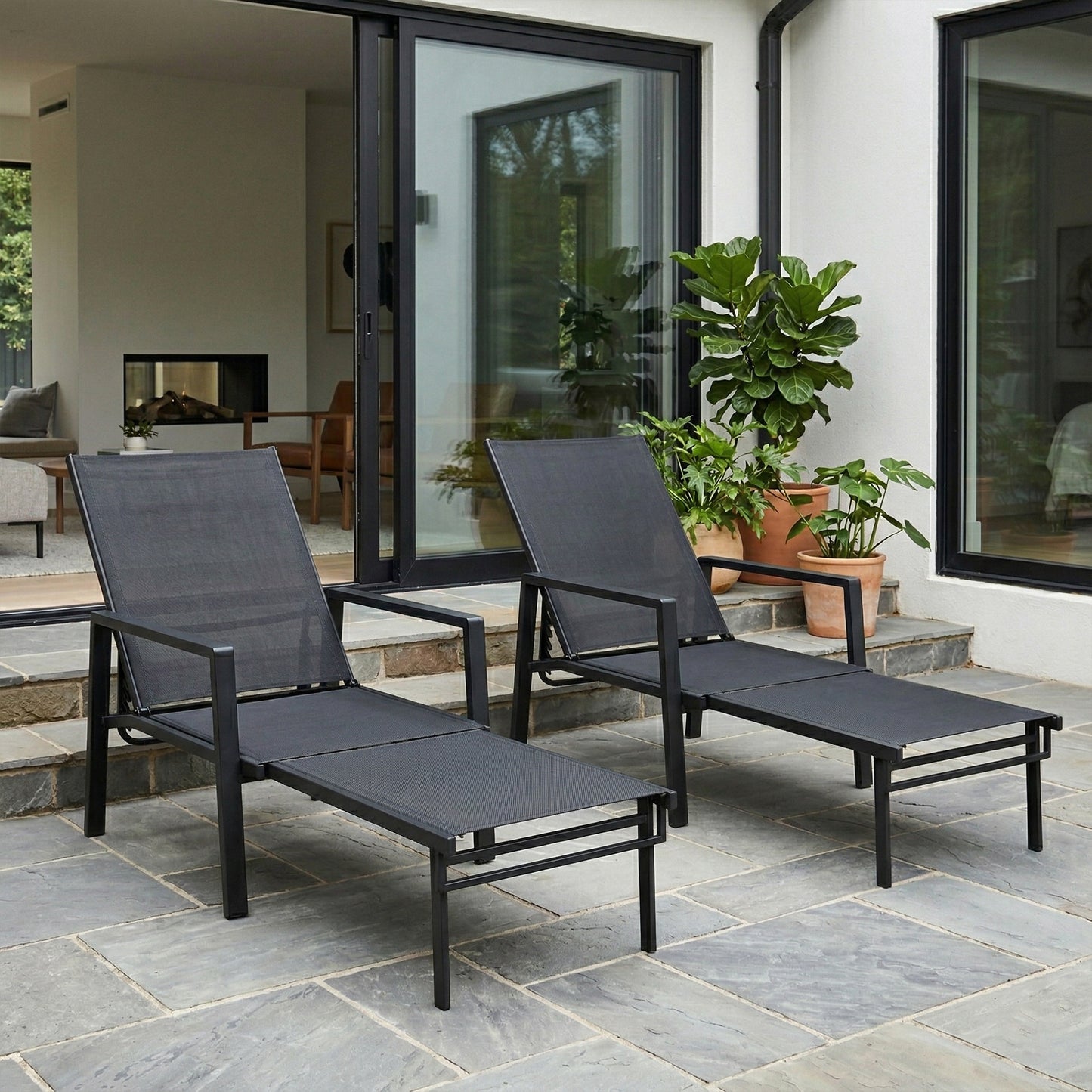Sun Loungers Set of 2 Retractable Footrest 5-Position Adjustable