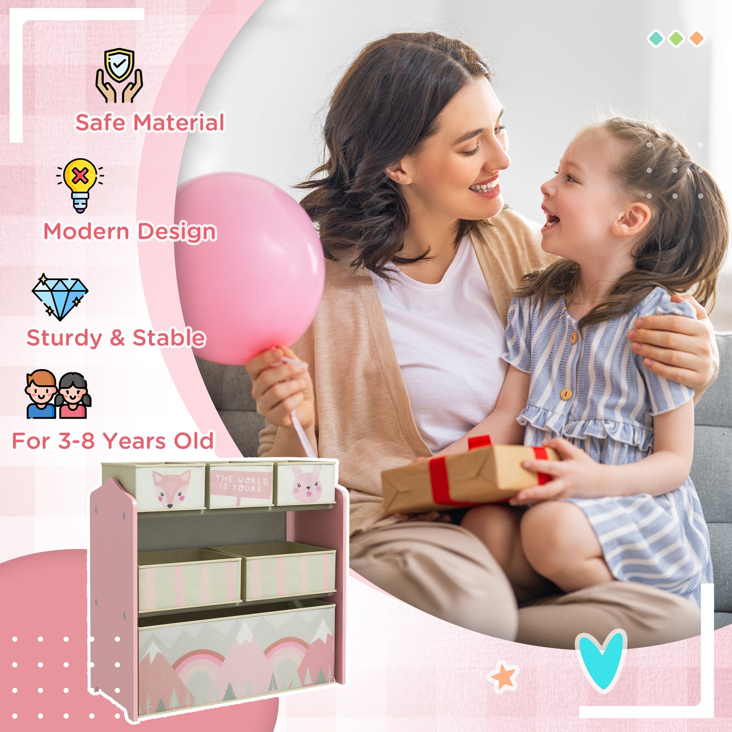 Kids Storage Unit, Toy Storage Organiser, with Six Fabric Bins