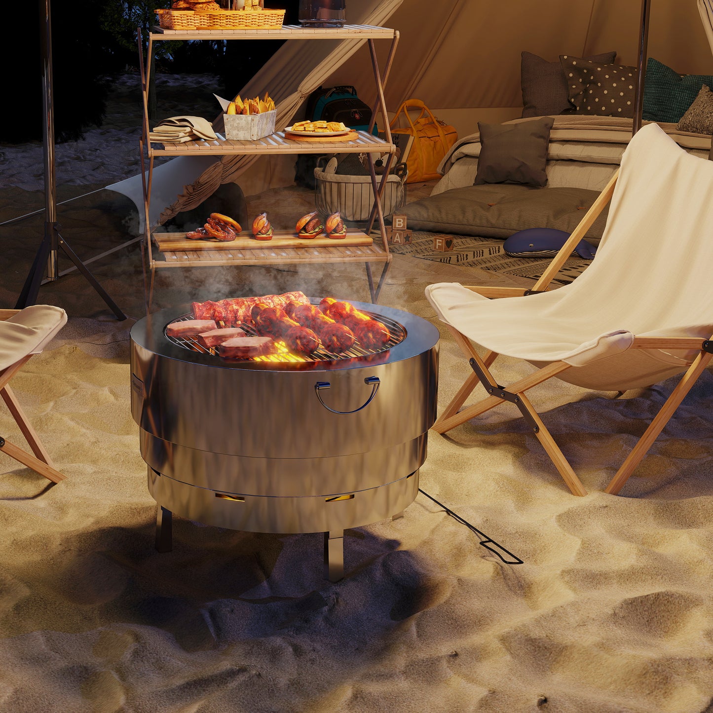 Stainless Steel Wood-burning Fire Pit with Fire Poker