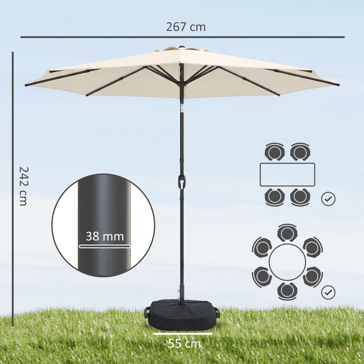2.7 m Garden Parasol Umbrella with Cross Base and Sandbag