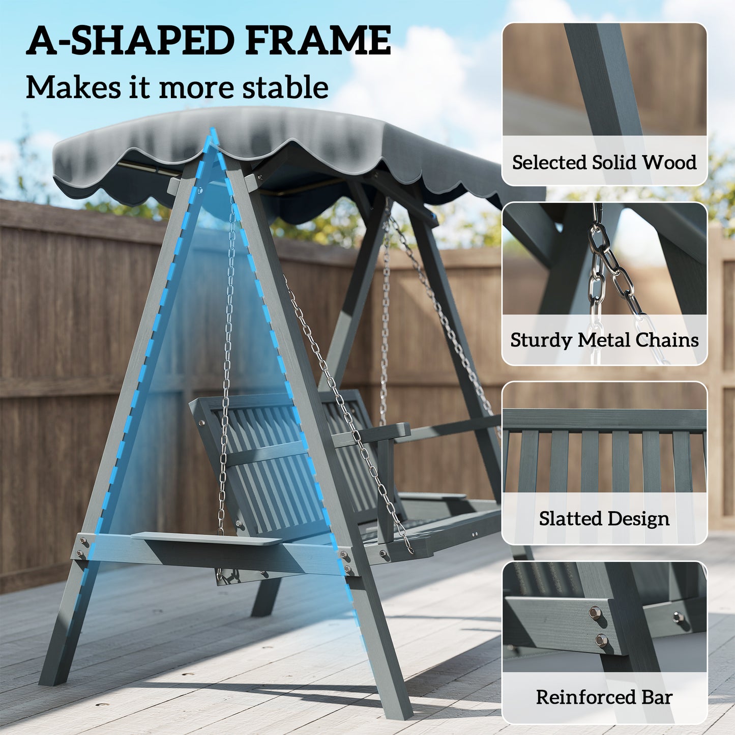 2 Seater Garden Swing Seat with Canopy, Wooden Swing Chair