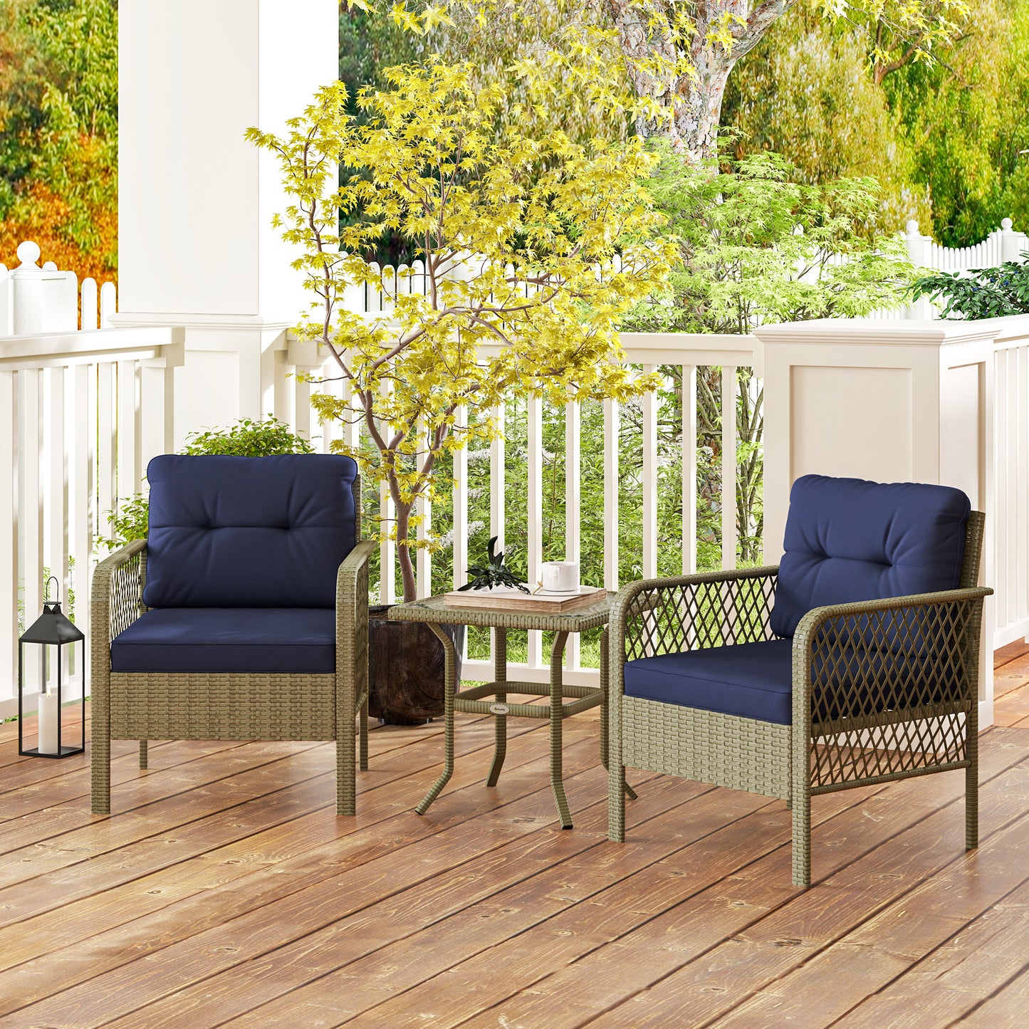 3 Pieces Rattan Bistro Set with Glass Top Coffee Table