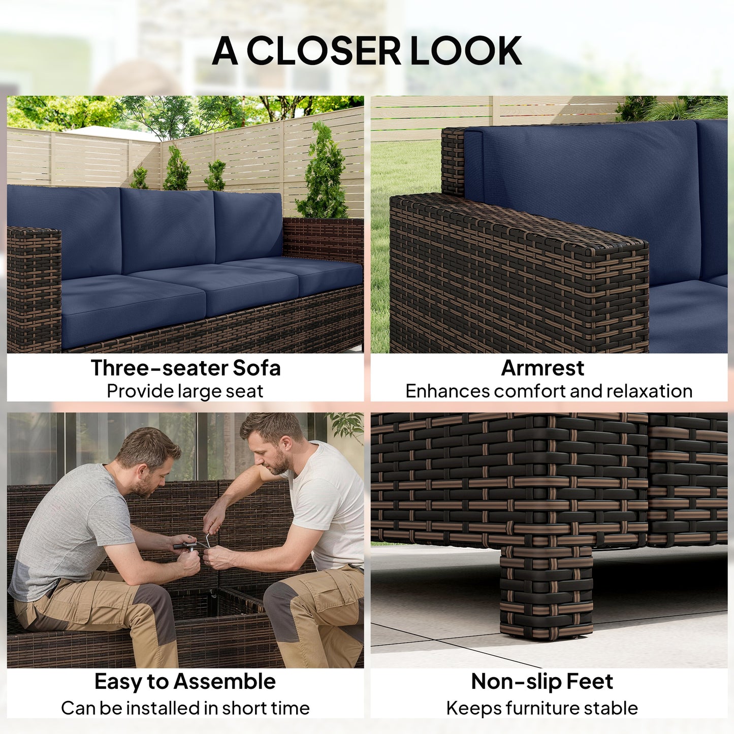 3 Seater Rattan Sofa All-Weather Wicker Weave Metal Frame Chair (1)