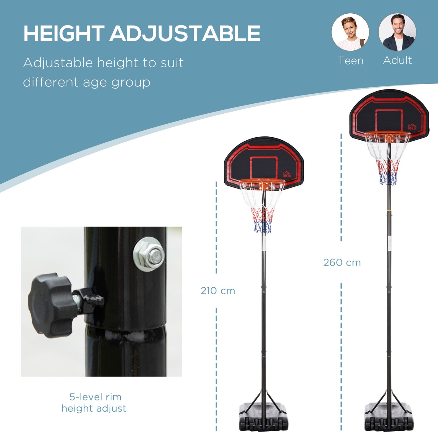 Basketball Hoop Stand Portable Adjustable Height 2.1-2.6m w/ Wheels