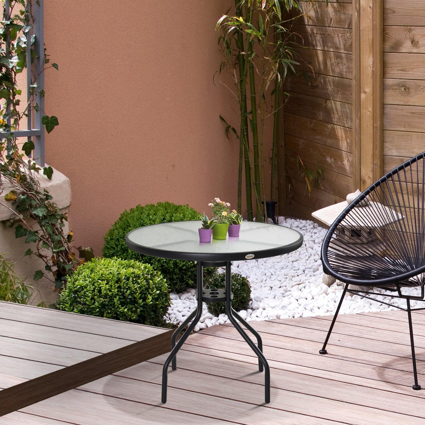 80 cm Round Garden Dining Table with Parasol Hole for 4