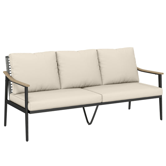3 Seater Rattan Sofa, Outdoor Garden Sofa with Wood-Effect Armrests