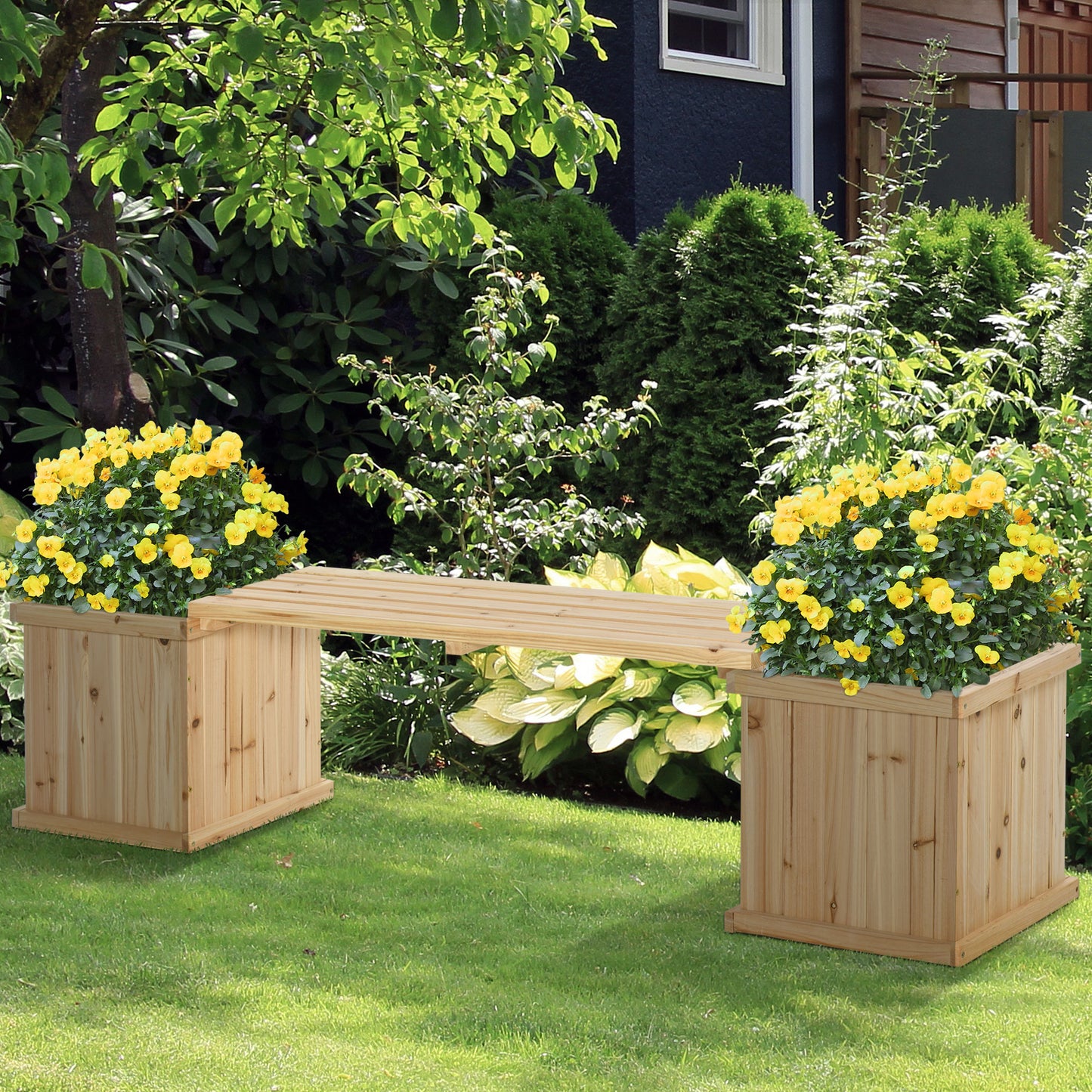 37L Wooden Garden Planter & Bench Combination Garden Raised Bed