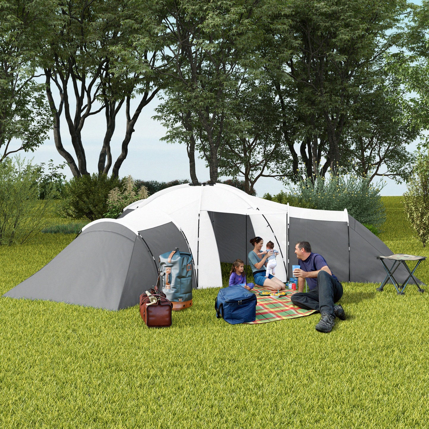 6-9 Man Tent with Bedrooms and Living Room, Accessories Included
