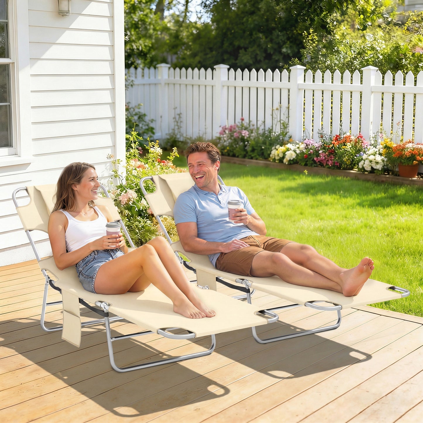 5-Position Adjustable Sun Loungers Set of 2 with Reading Hole