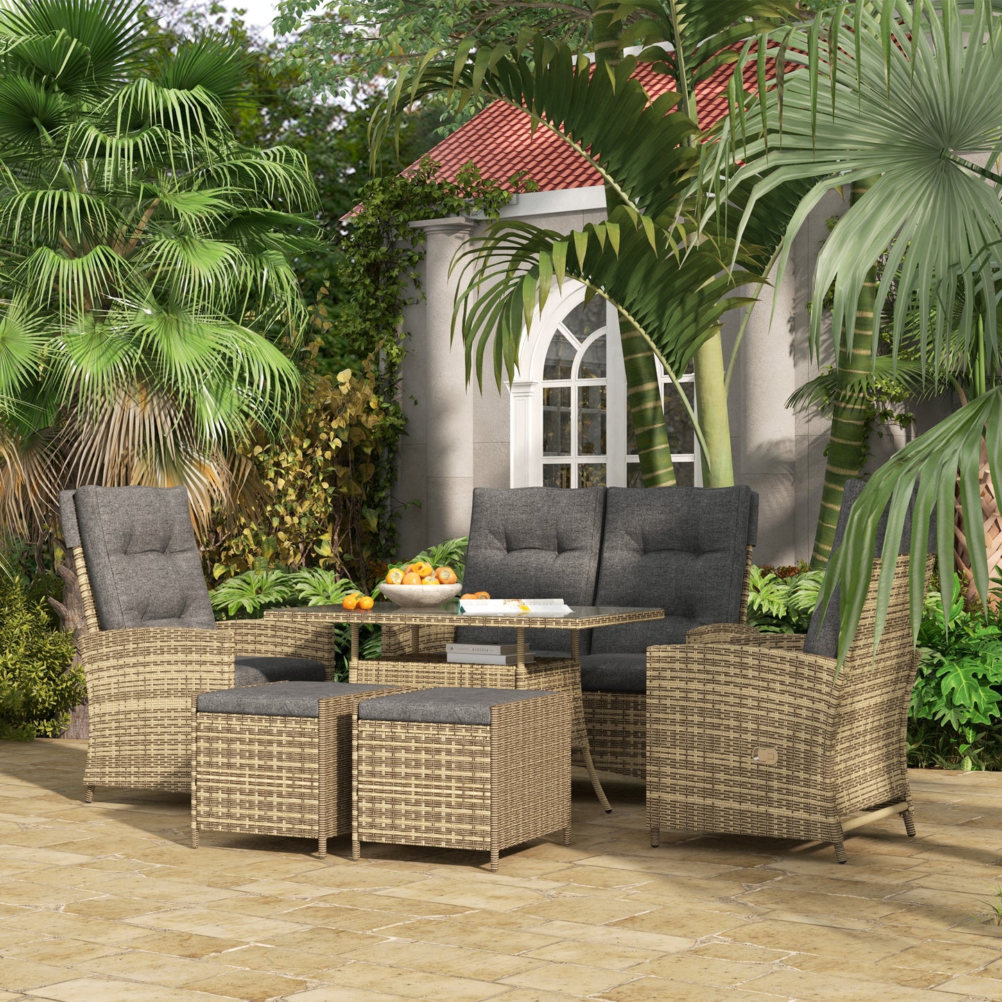 Six-Piece Rattan Garden Set, with Reclining Chairs