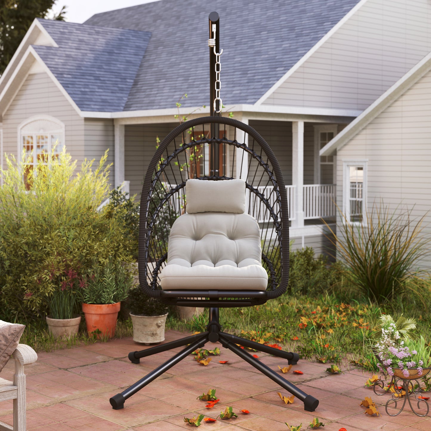 Outdoor PE Rattan Swing Chair with Foldable Basket and Cushion