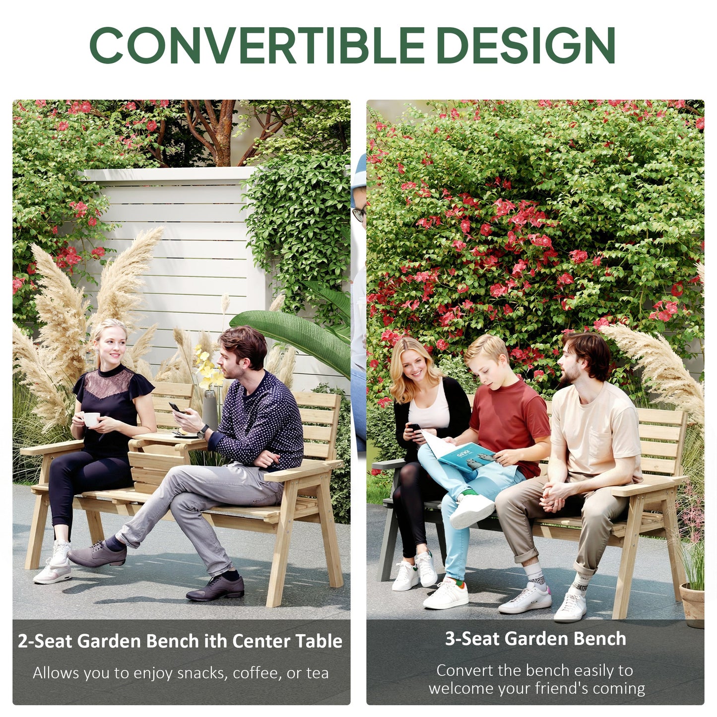 Fir Wood Convertible 2 to 3 Seater Outdoor Garden Bench
