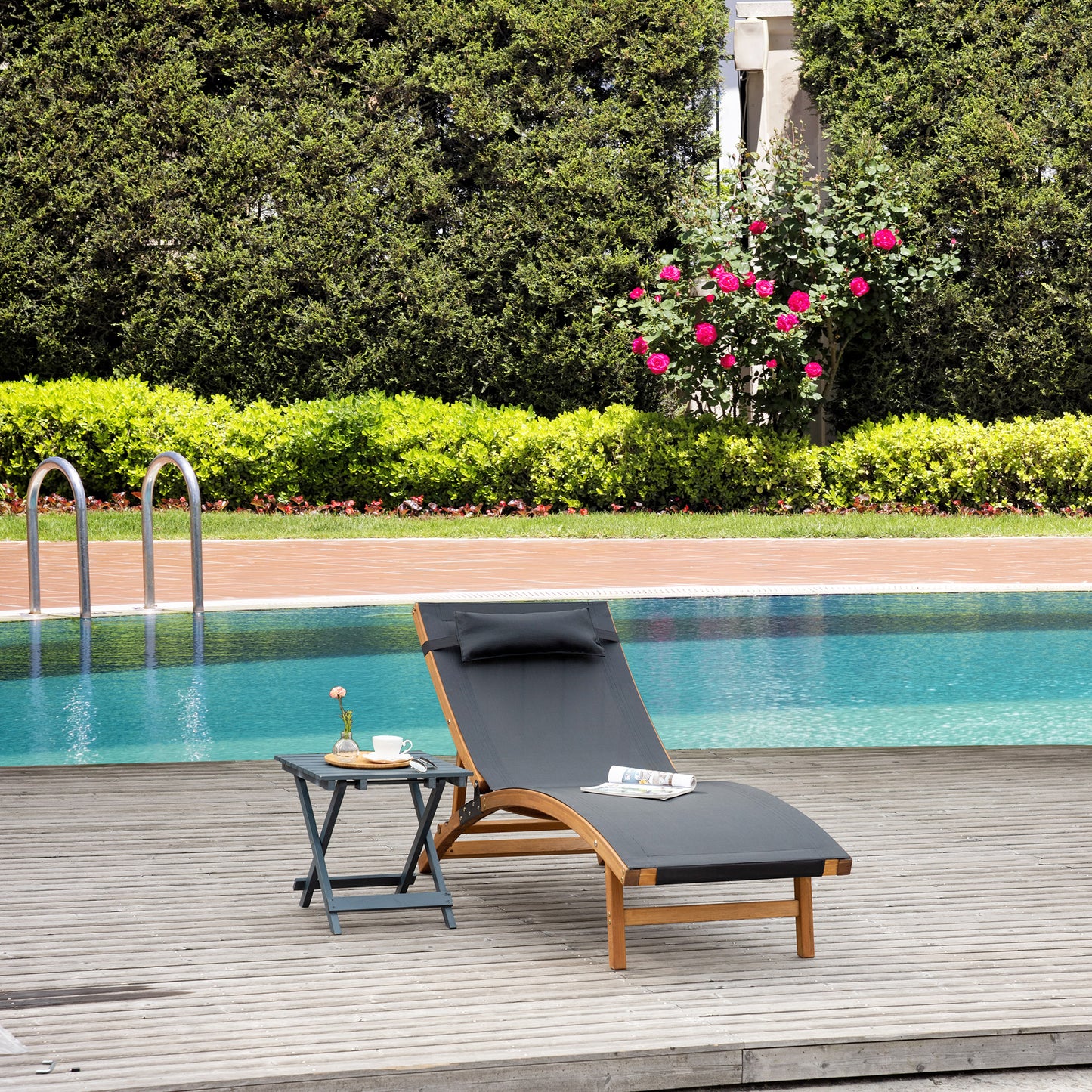 Ergonomic Patio Lounge Chair Wooden Outdoor Chaise w/ 3 Adjustable