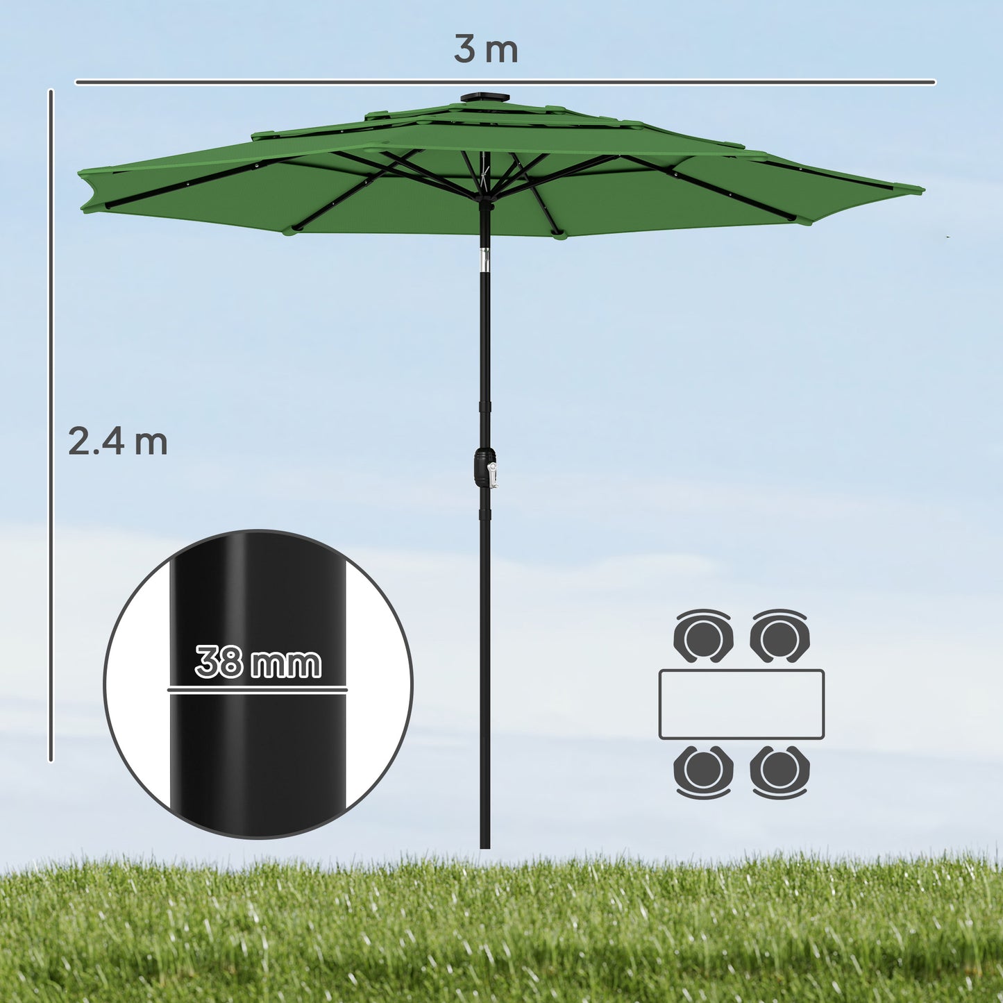 Garden Parasol, Parasol Umbrella with 3-tier Roof, Crank Handle