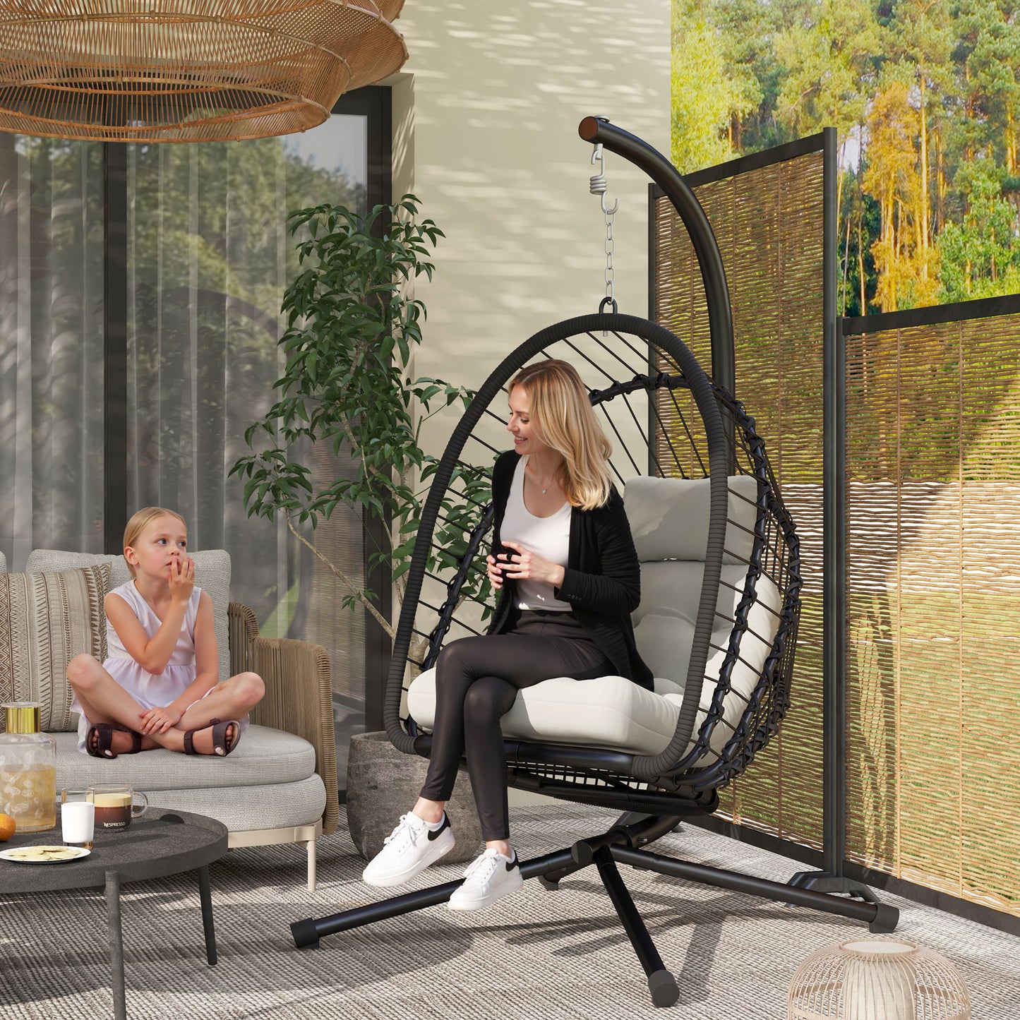 Outdoor PE Rattan Swing Chair with Foldable Basket and Cushion
