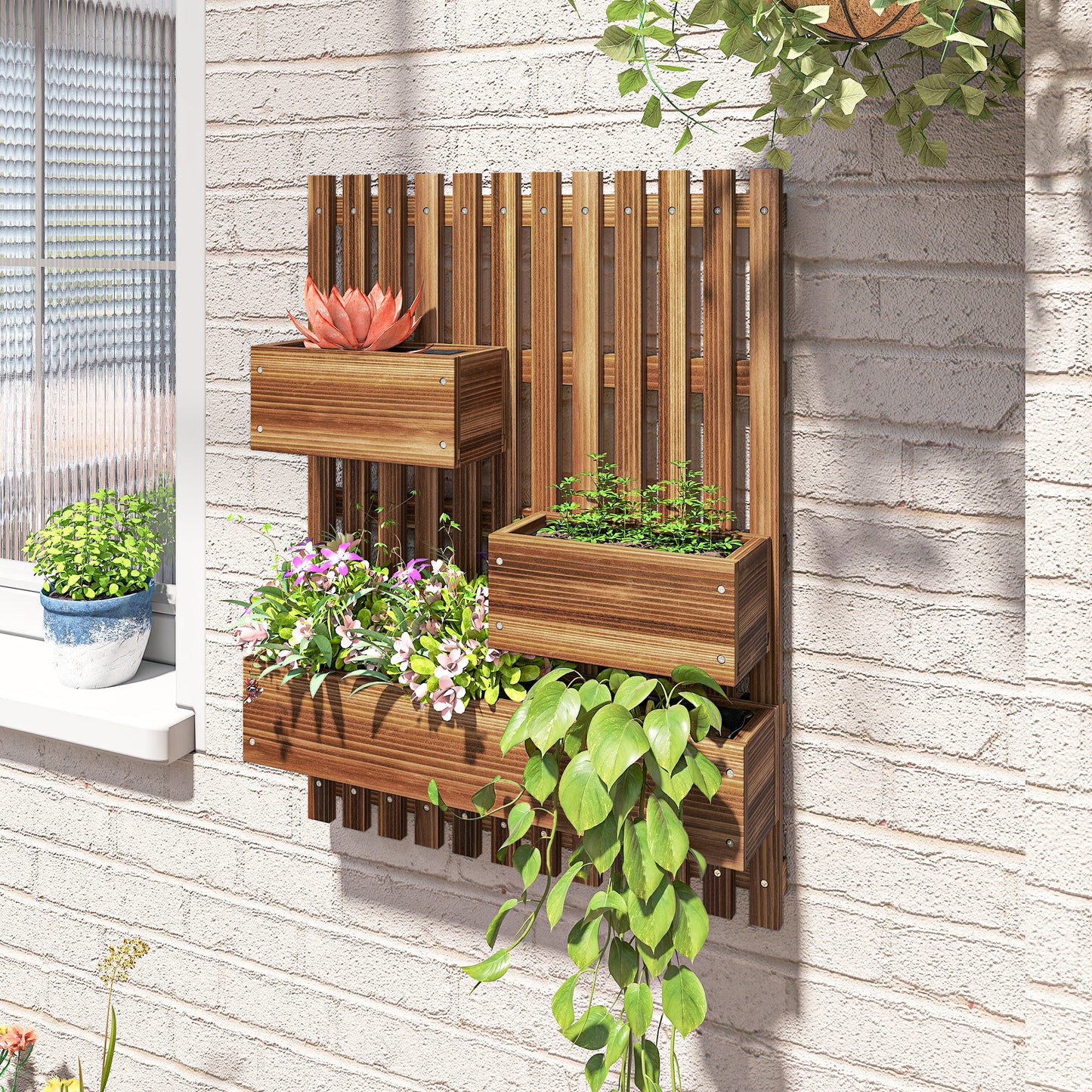Wall-mounted Wooden Garden Planters with Trellis