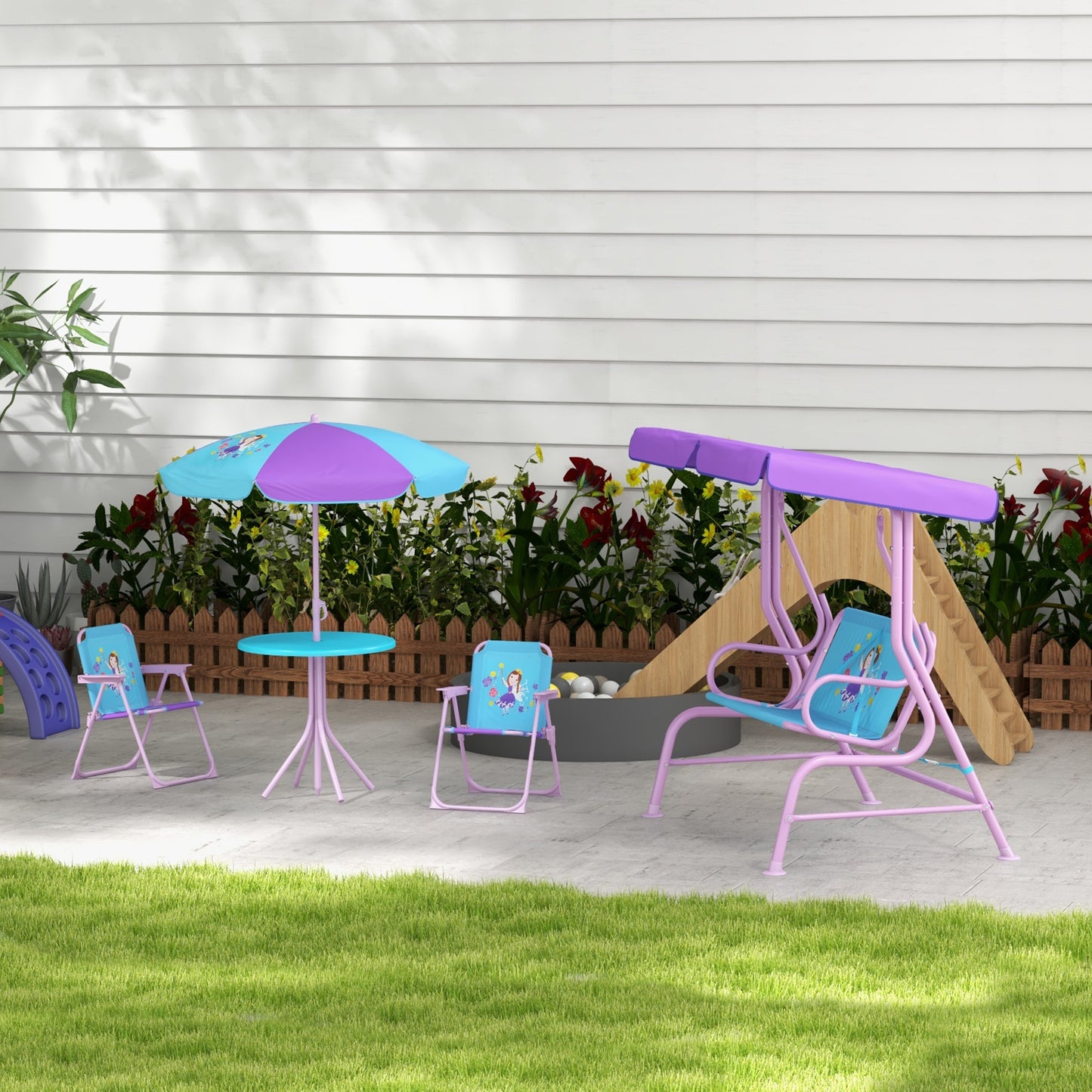 4PCs Kids Garden Furniture Set w/ 2 Seater Garden Swing Chair