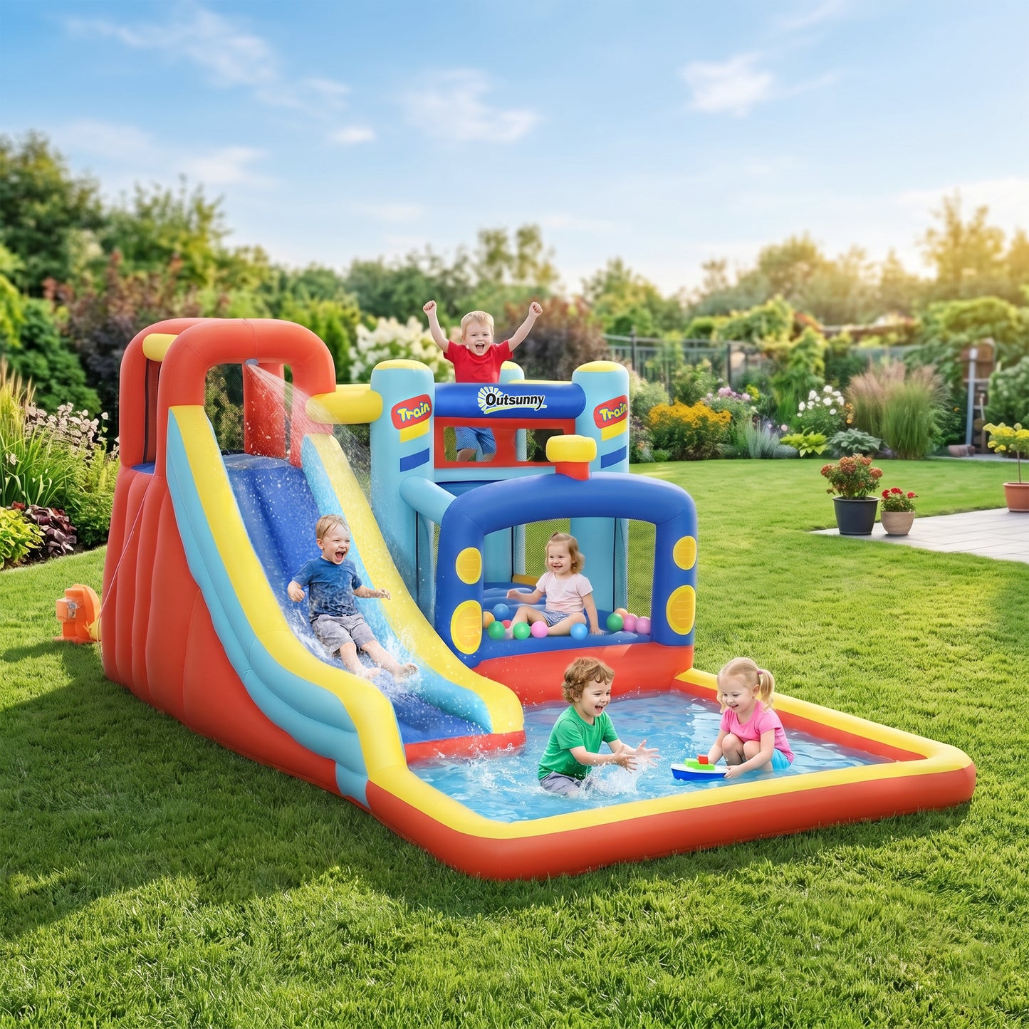 4-in-1 Bouncy Castle, with Slide, Trampoline, Climbing Wall, Blower