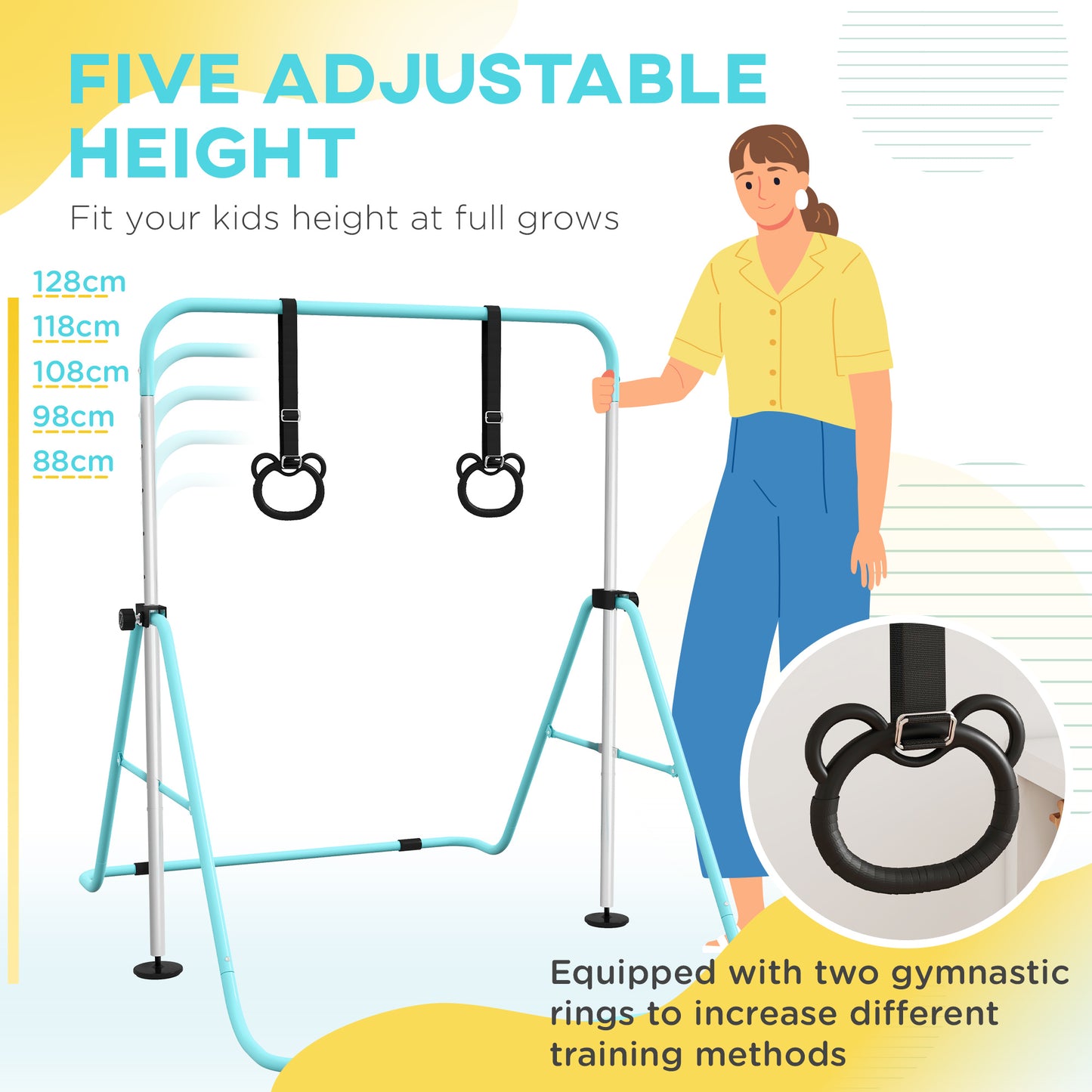 Adjustable Height, Foldable Kids Gymnastics Bar w/ Non-slip Rubber