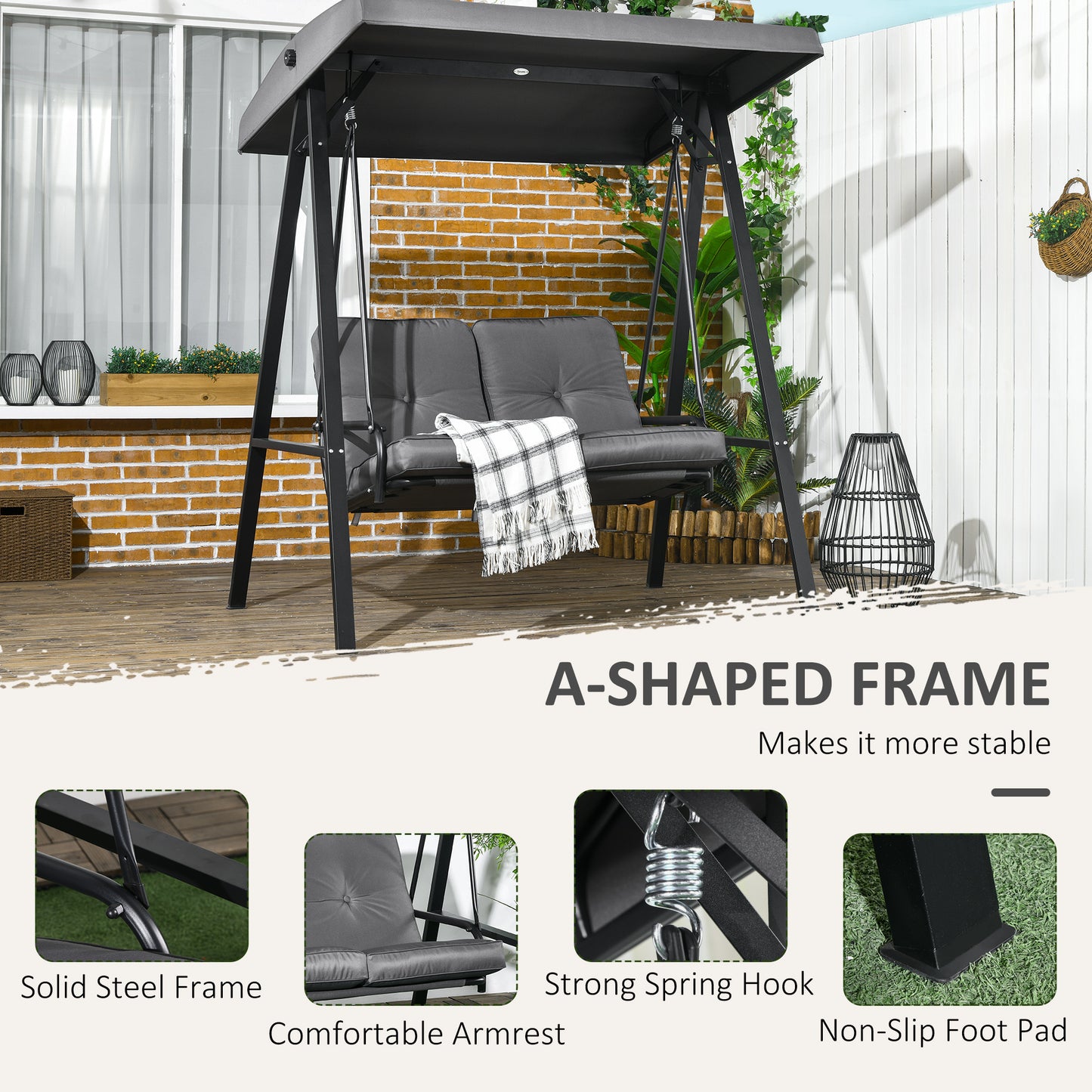 Two-Seater Garden Swing Bench, with Adjustable Canopy