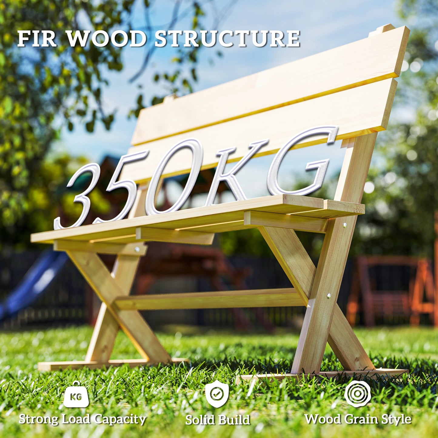 2 Seater Wooden Garden Bench, Fir Wood Outdoor Bench