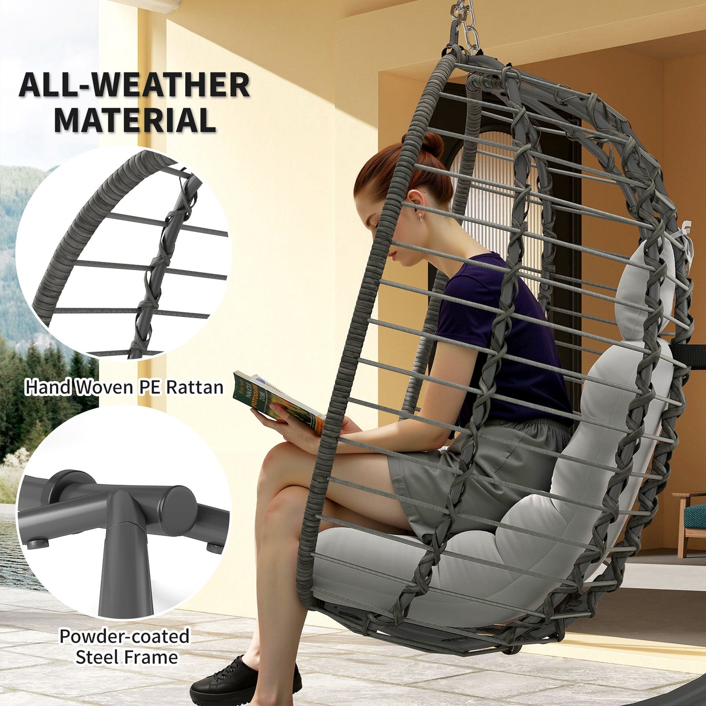 Rattan Hanging Egg Chair, Foldable Wicker Hammock Swing Chair