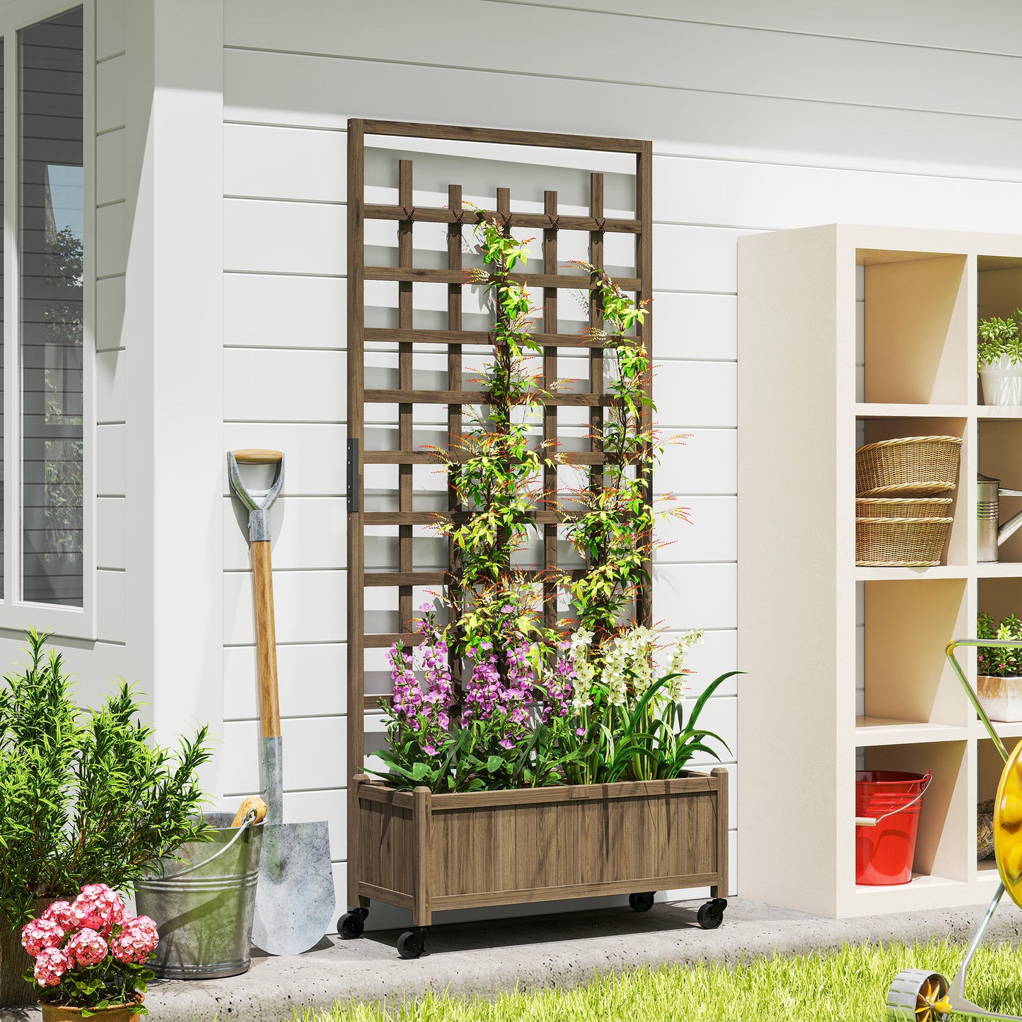 Wooden Trellis Planter, Raised Garden Bed with Wheels