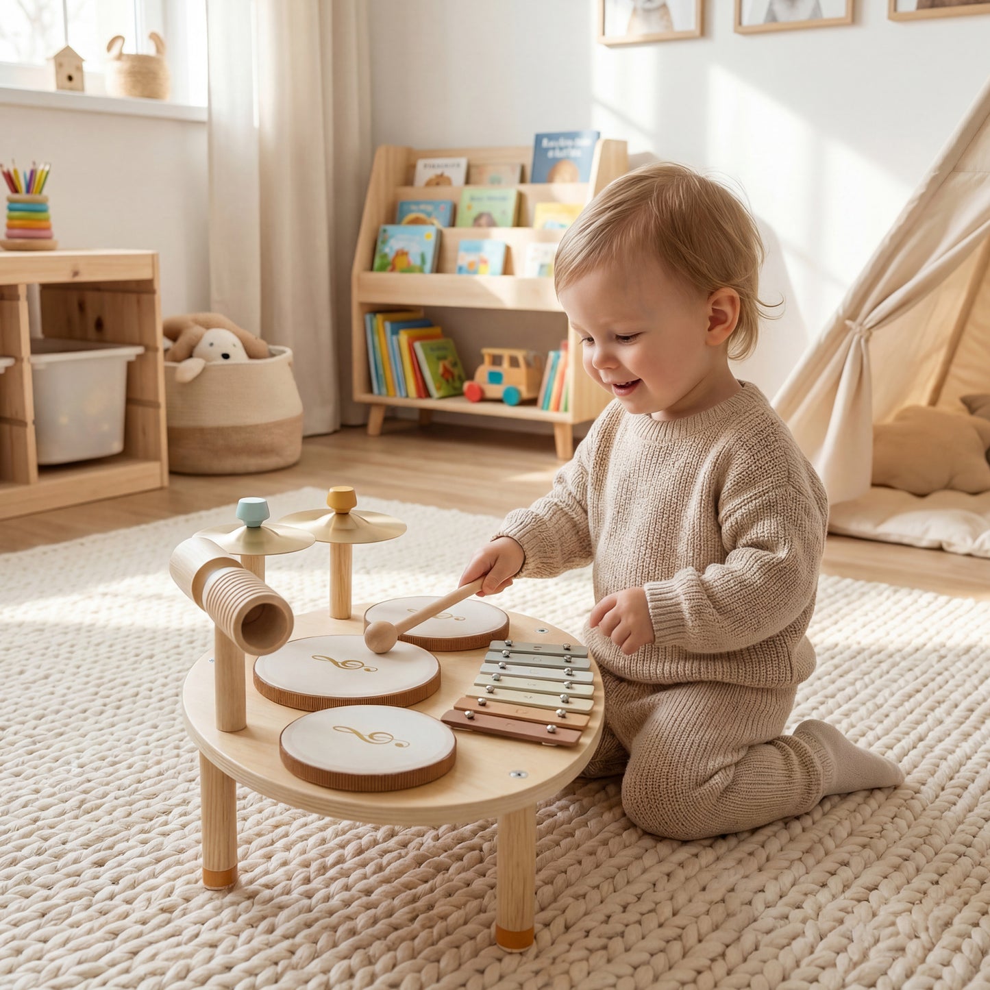 Baby Drum Kit, Wooden Kids Musical Instruments with Drums