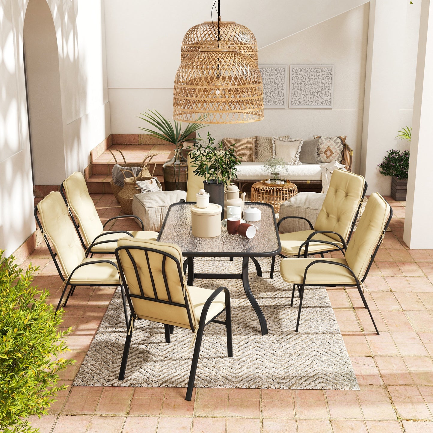 Seven-Piece Garden Dining Set with Ripple Tempered Glass Tabletop