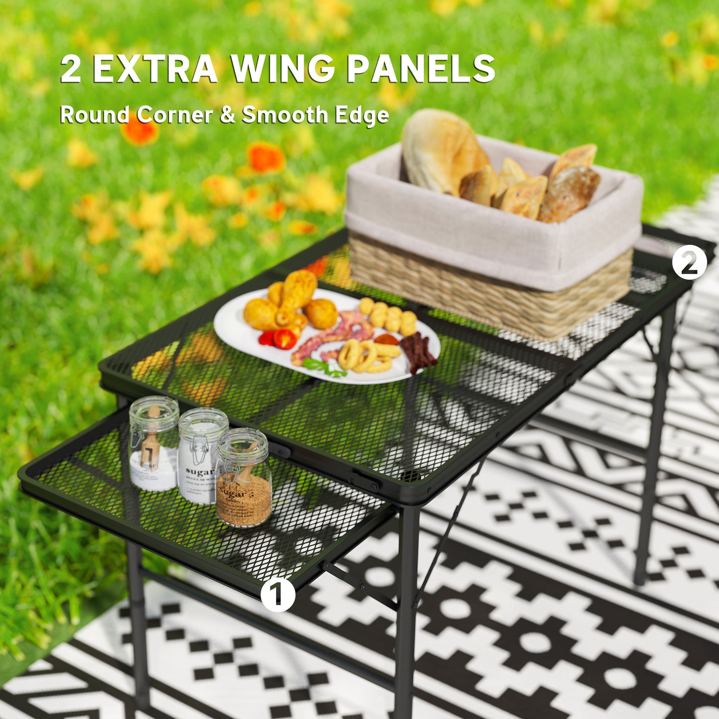 Folding Grill Table, 4.5ft Portable Camping Table with 2 Wing Panels