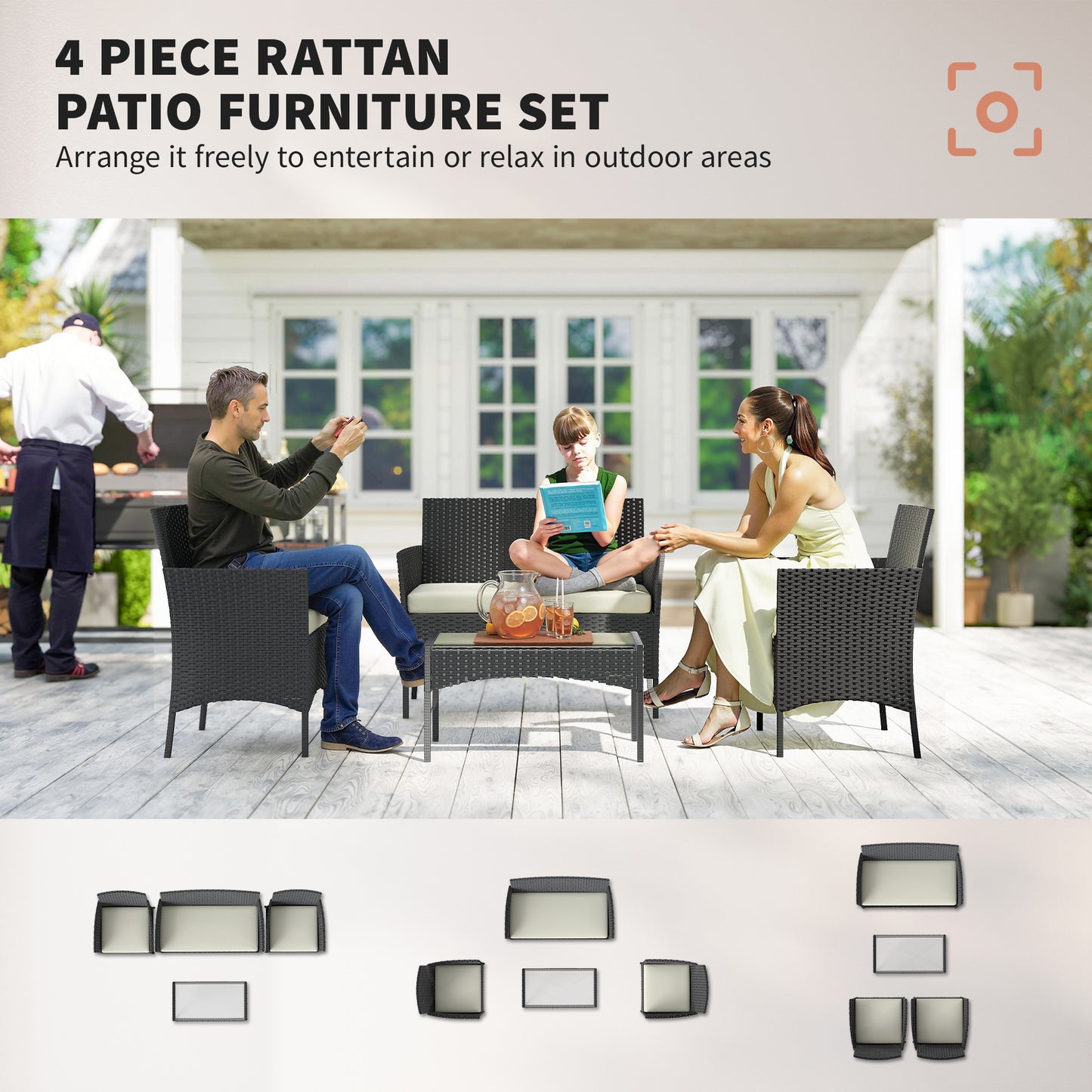 4 Piece Rattan Garden Furniture Sofa Set with Loveseat, Armchairs