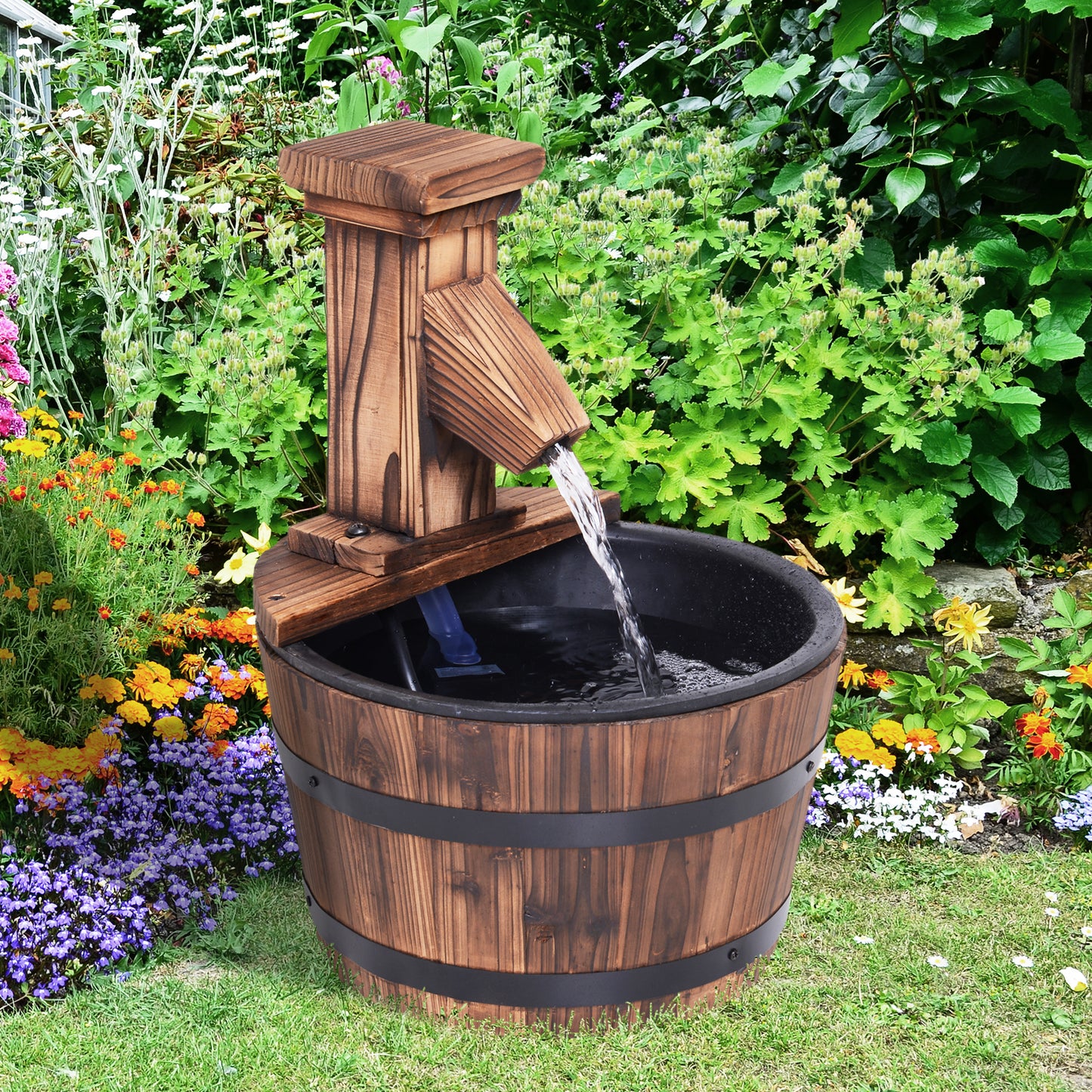 Wood Barrel Patio Water Fountain Garden Decorative Ornament Water (1)